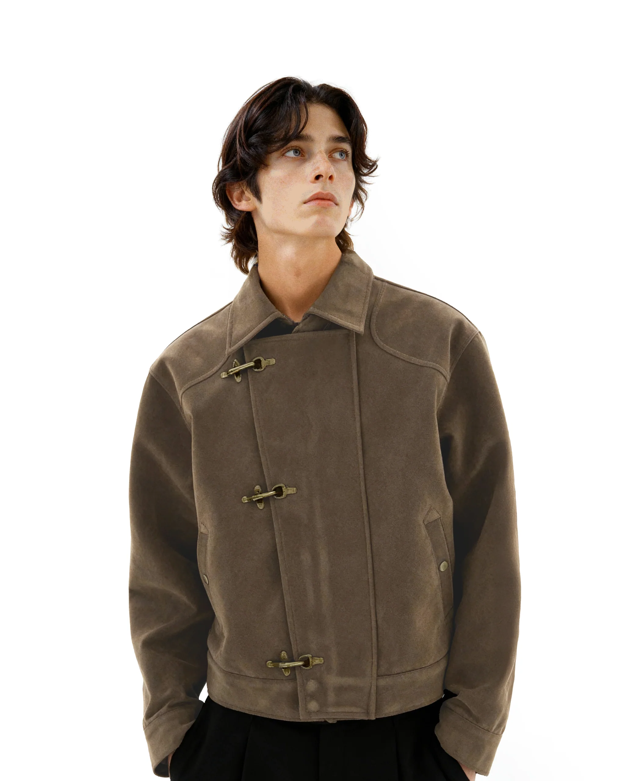 Asymmetric Fireman Buckle Mid Crop Suede Jacket
