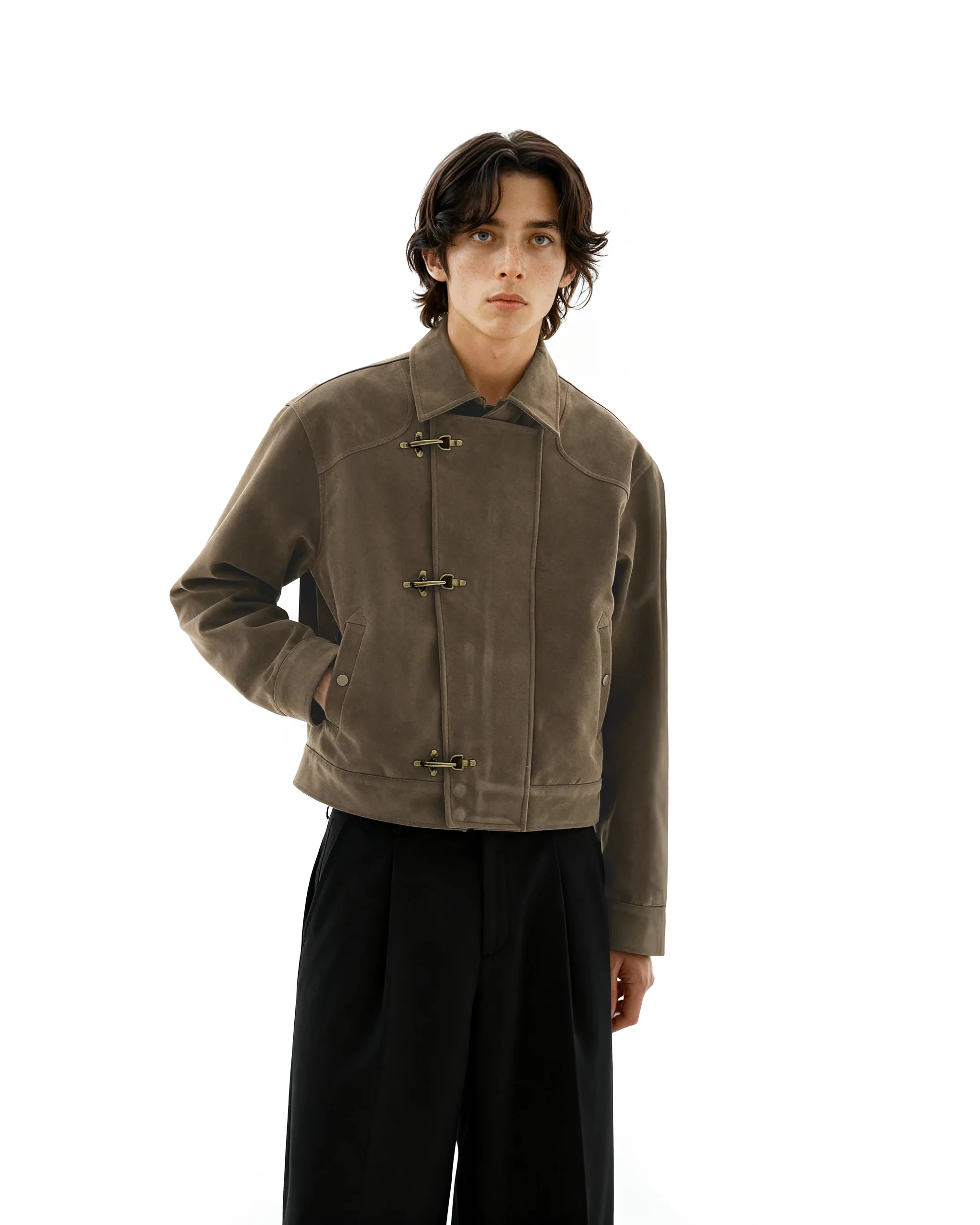 Asymmetric Fireman Buckle Mid Crop Suede Jacket - nightcity clothing