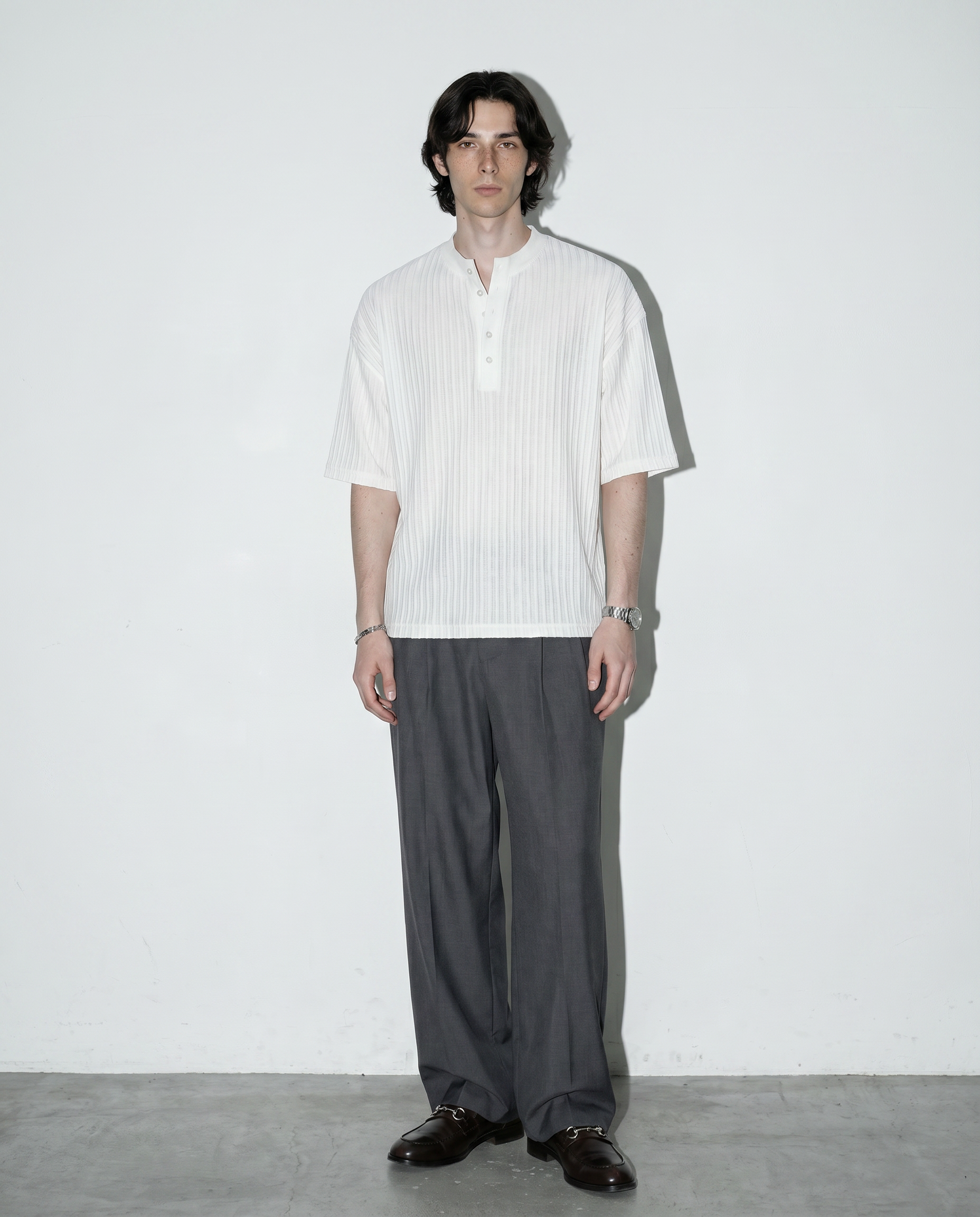 Textured Ribbed Henley Half Sleeve Top-5