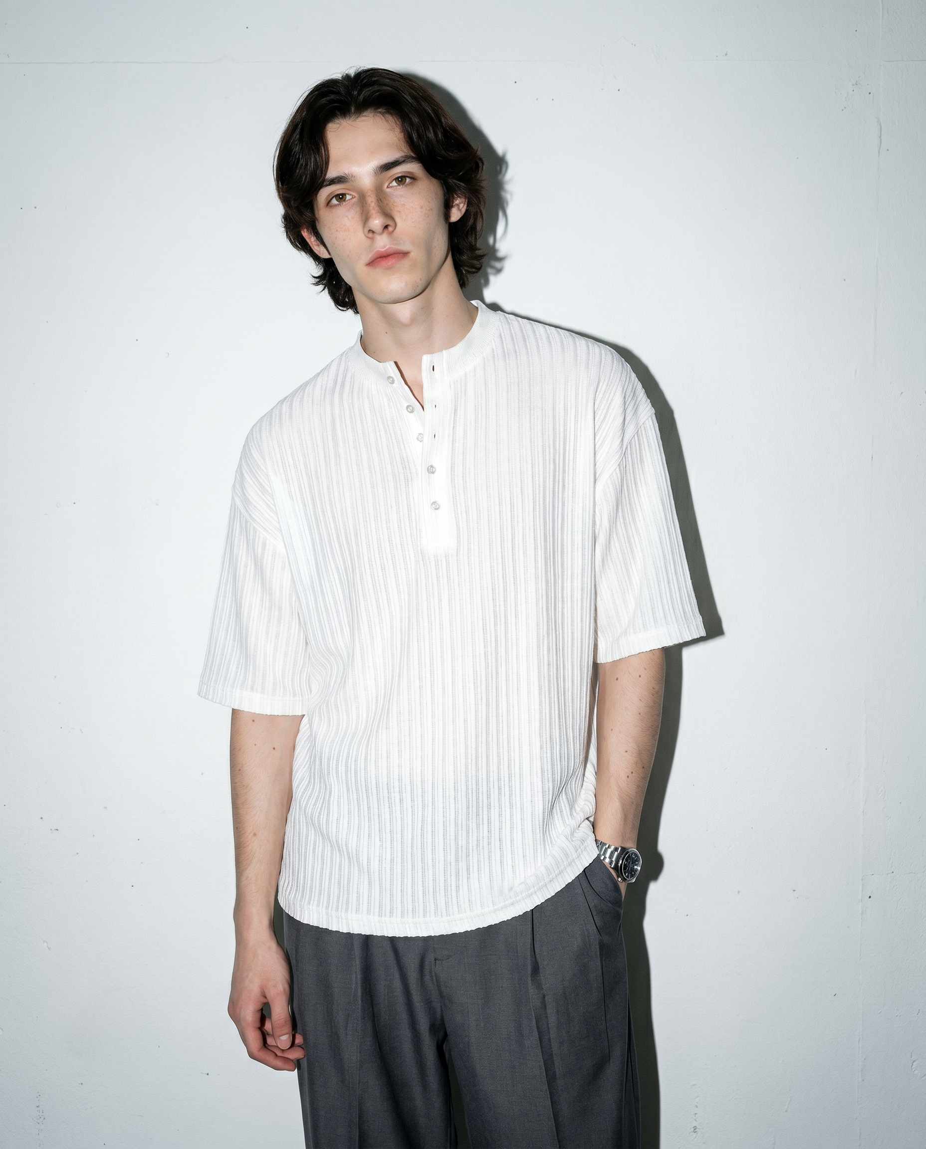 Textured Ribbed Henley Half Sleeve Top