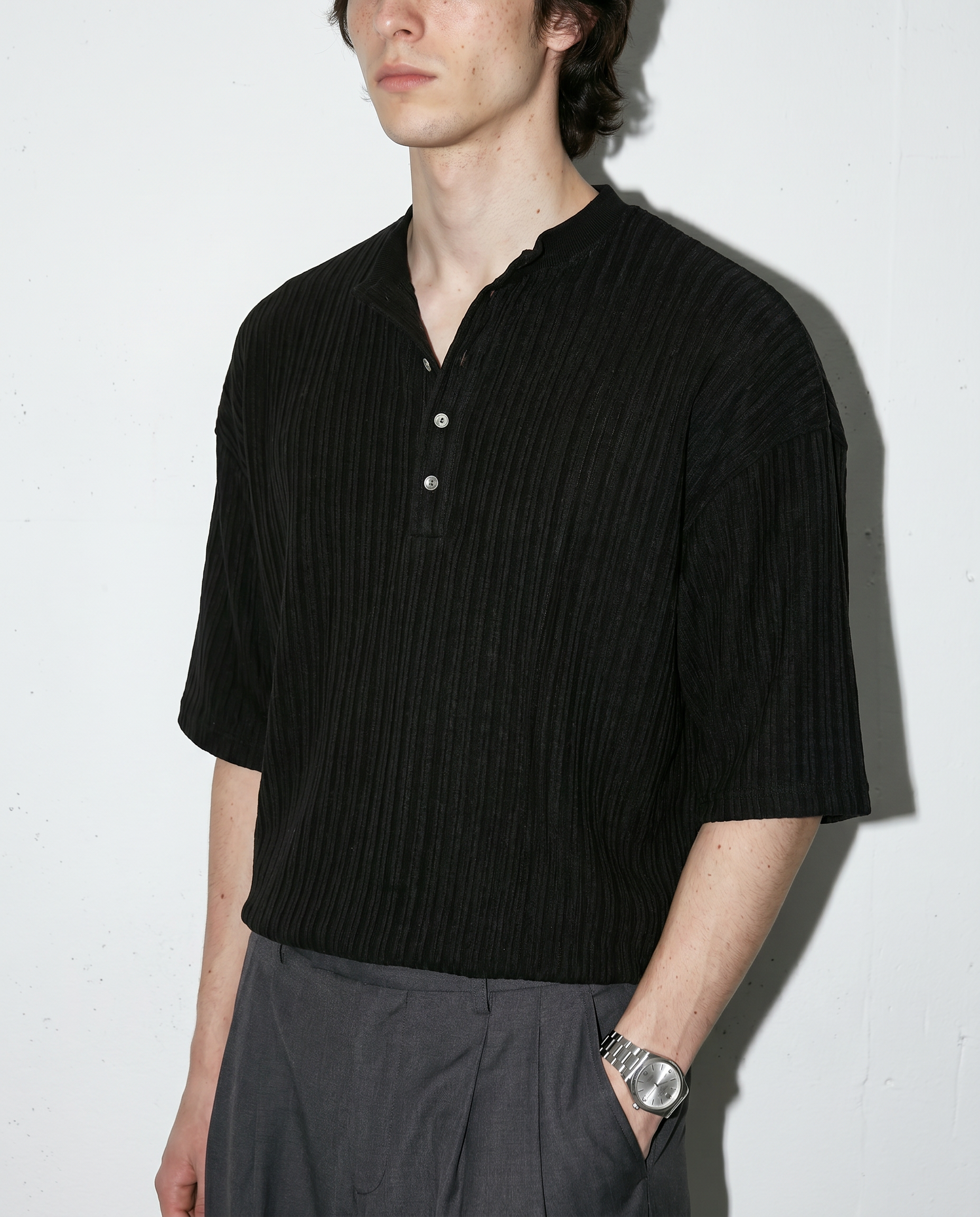 Textured Ribbed Henley Half Sleeve Top-10