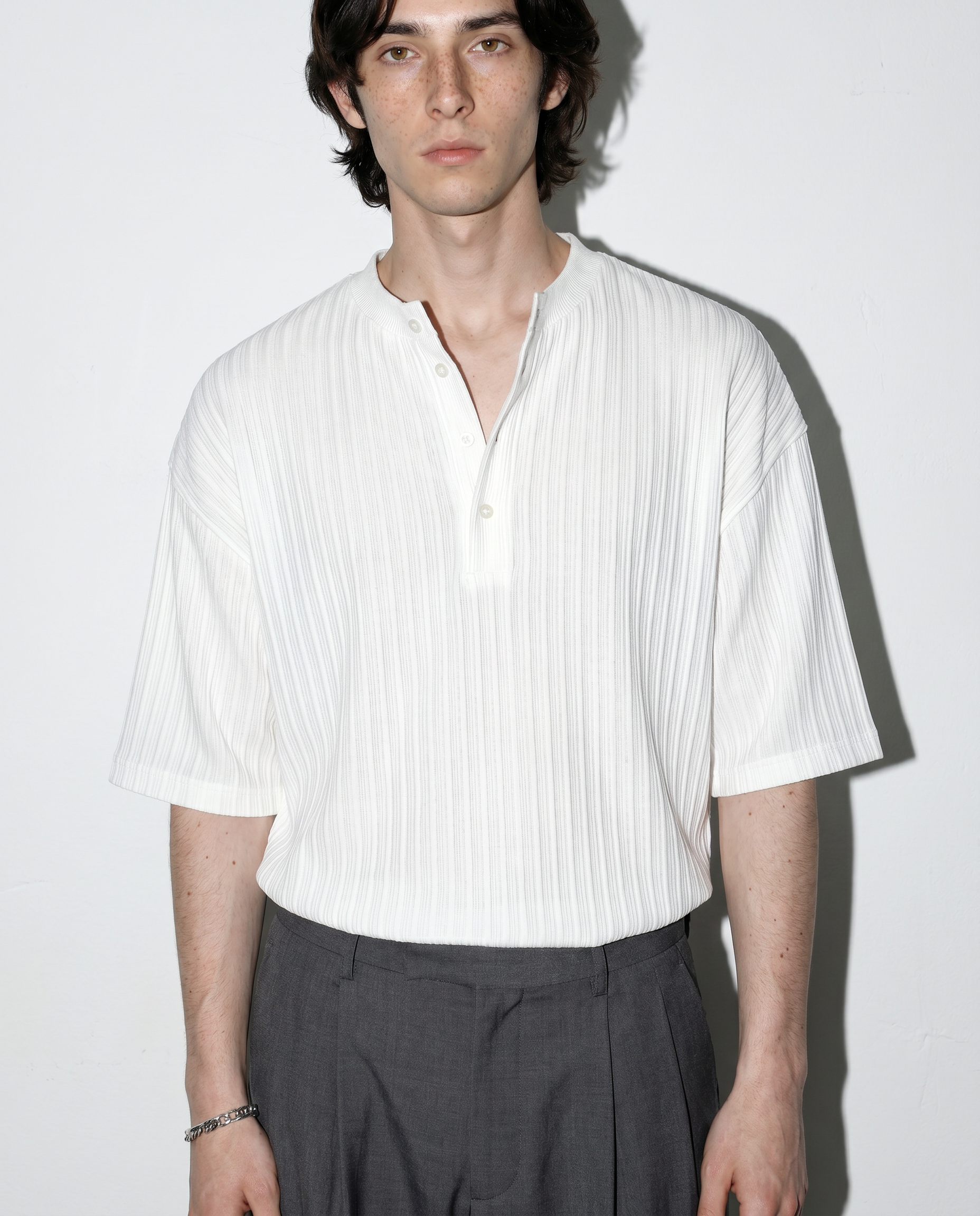 Textured Ribbed Henley Half Sleeve Top-3
