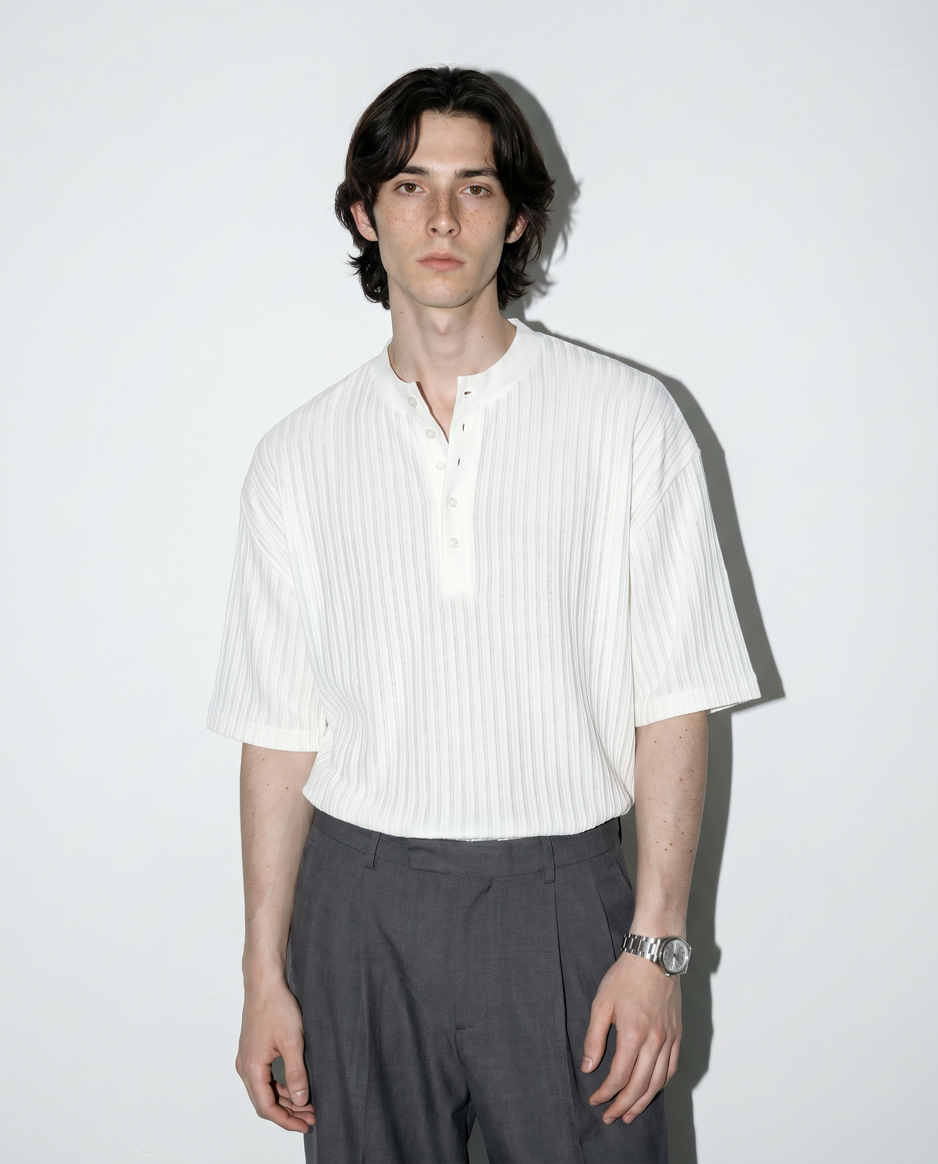 Textured Ribbed Henley Half Sleeve Top-2