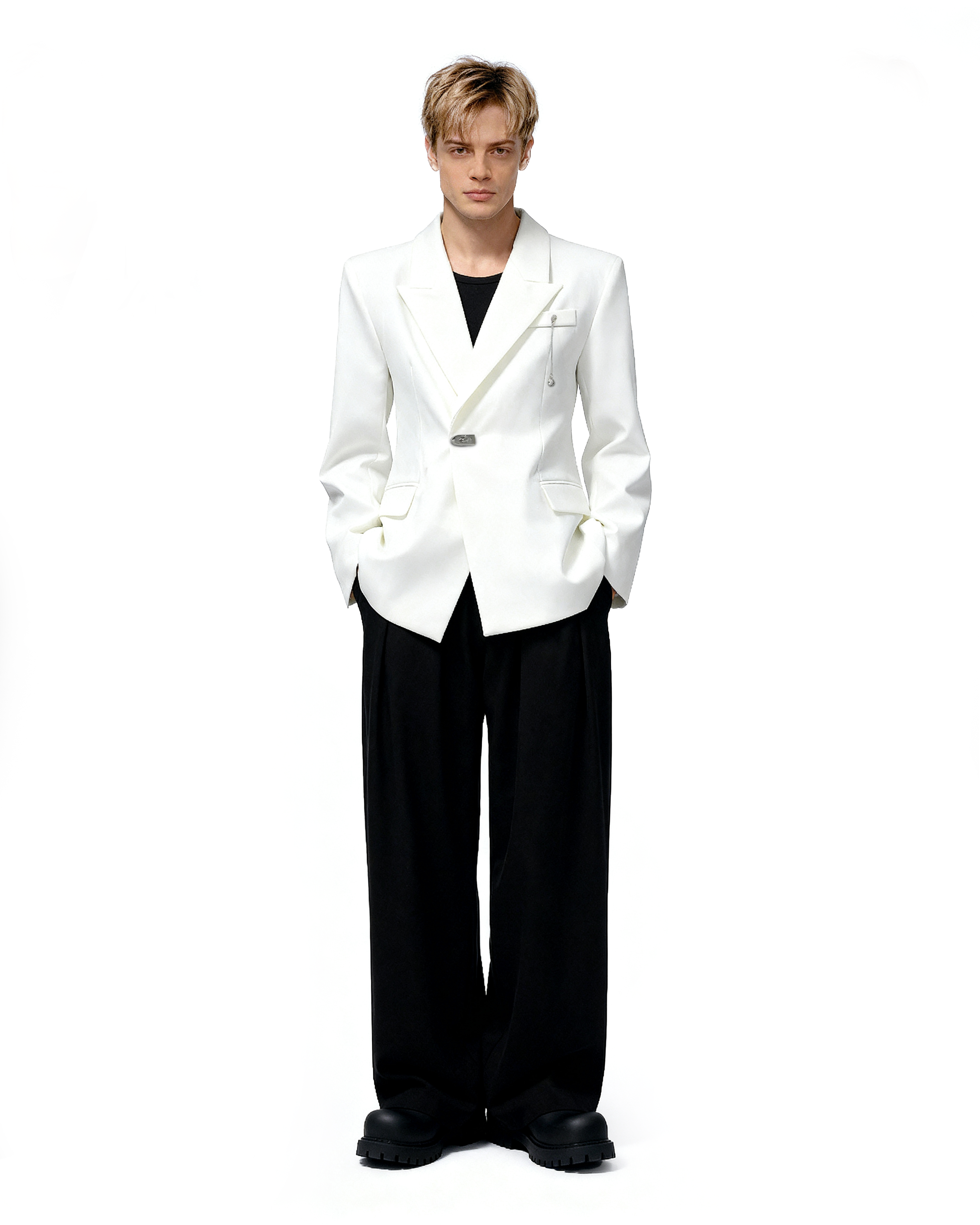 Oversized Peak Lapel Blazer with Metal Clasp Closure and Drop Pendant-11