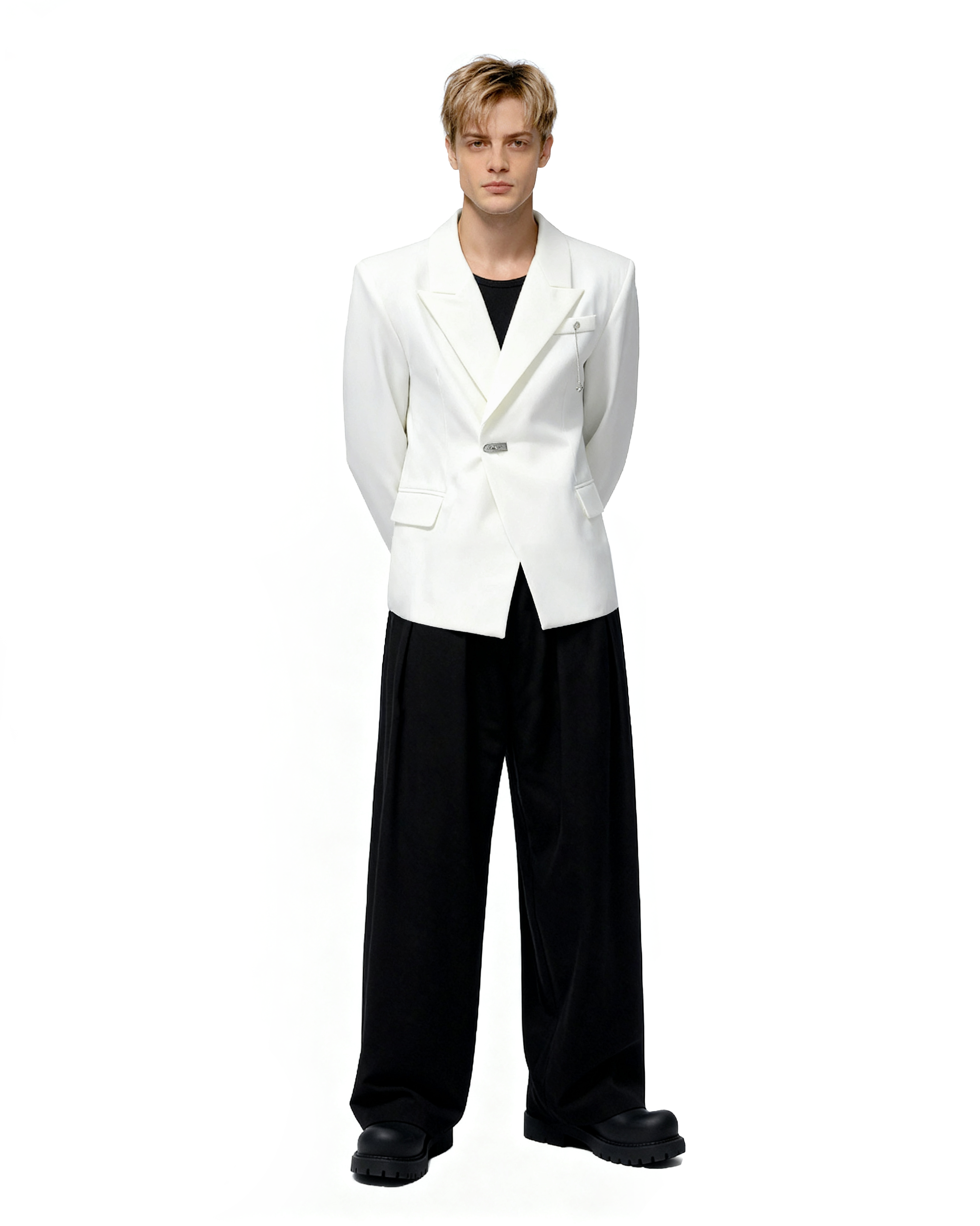 Oversized Peak Lapel Blazer with Metal Clasp Closure and Drop Pendant-12