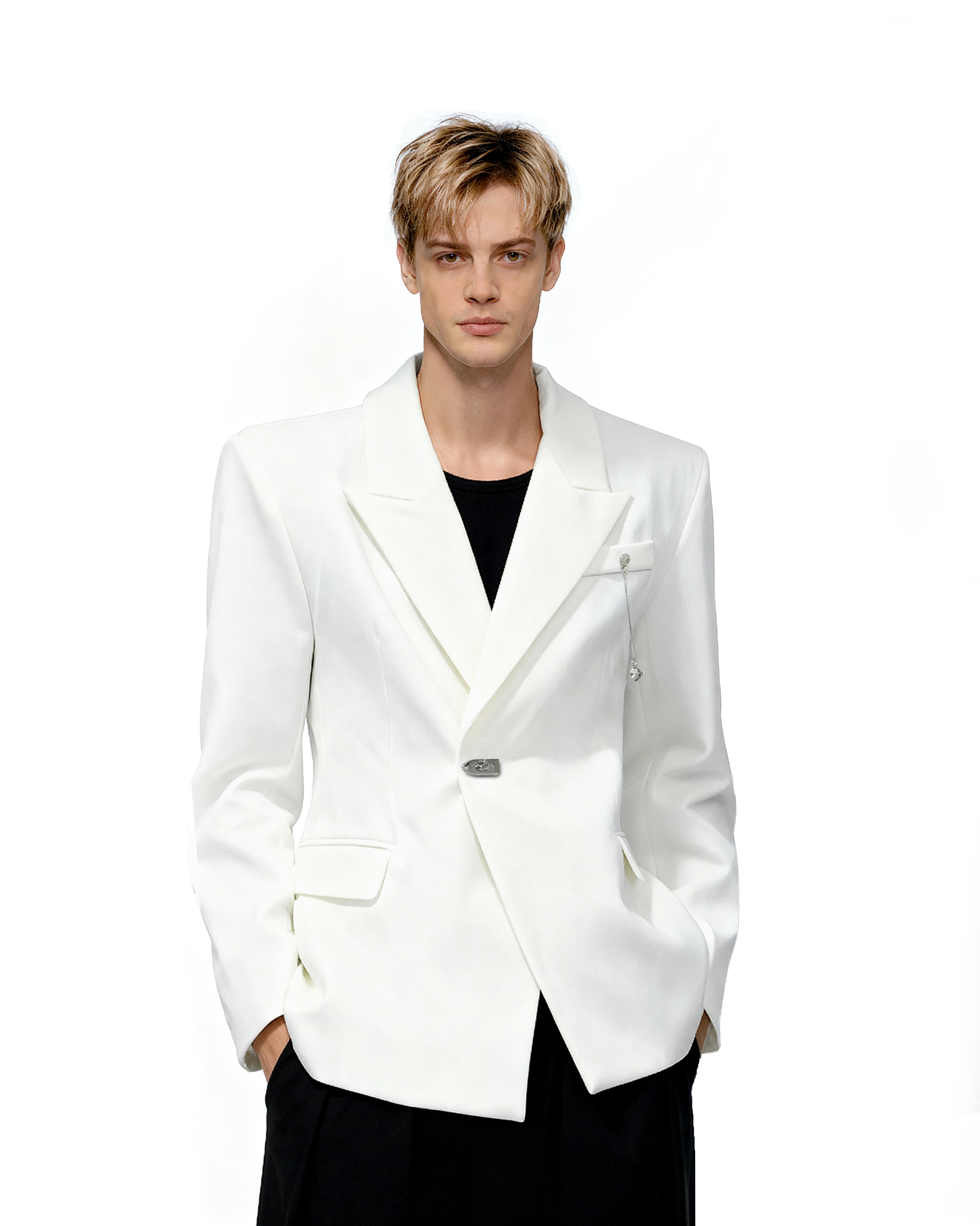 Oversized Peak Lapel Blazer with Metal Clasp Closure and Drop Pendant-7