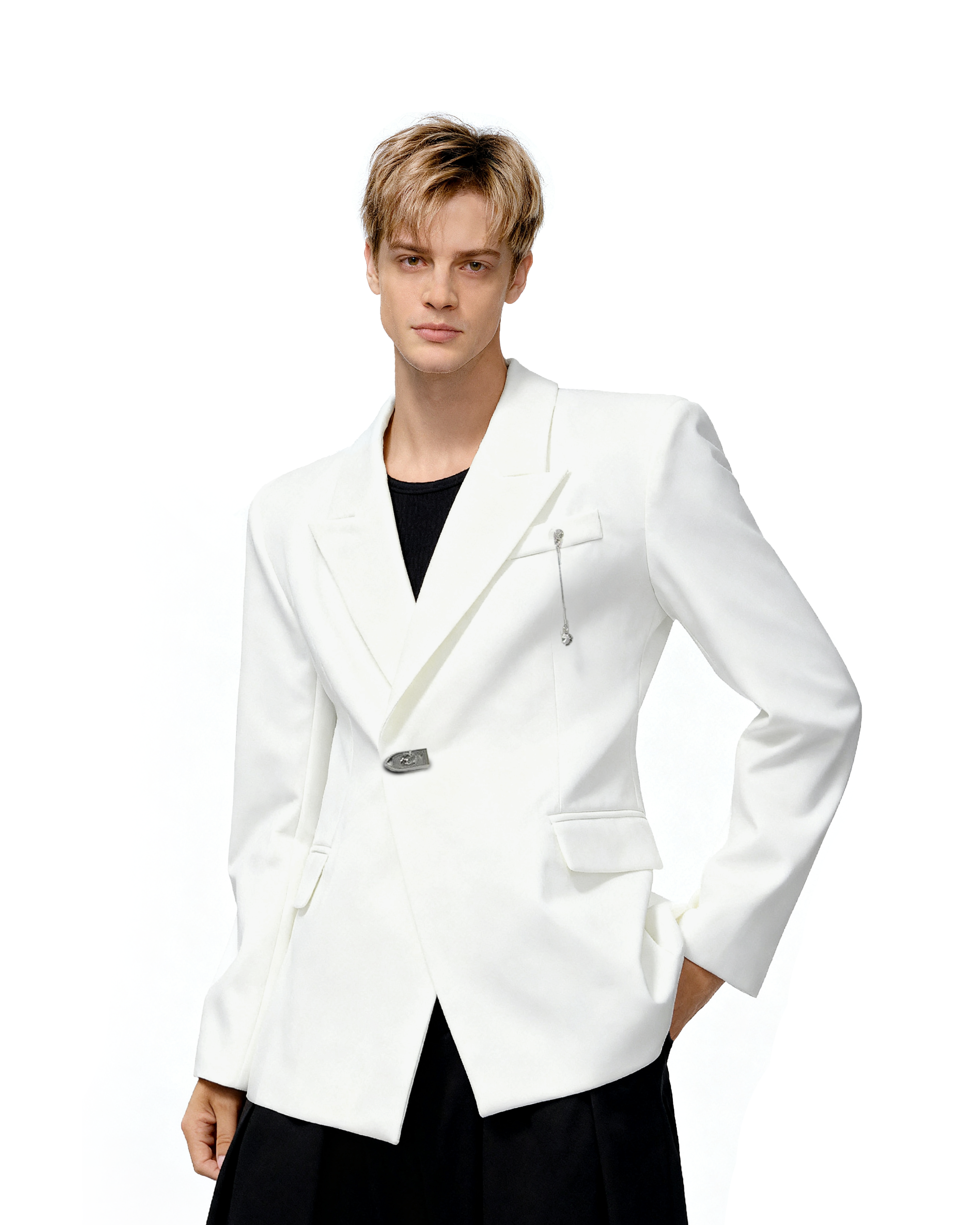 Oversized Peak Lapel Blazer with Metal Clasp Closure and Drop Pendant-6
