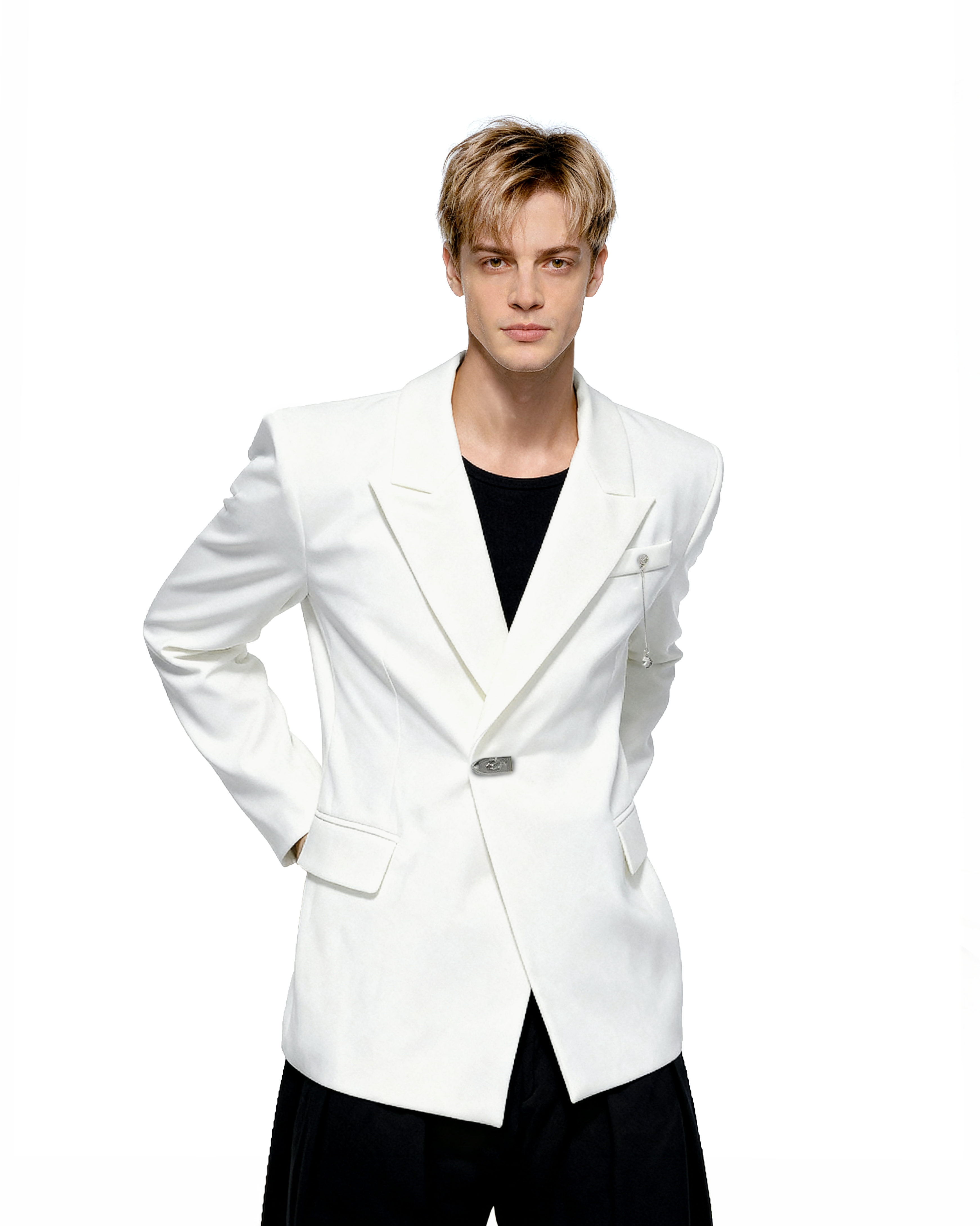 Oversized Peak Lapel Blazer with Metal Clasp Closure and Drop Pendant-9