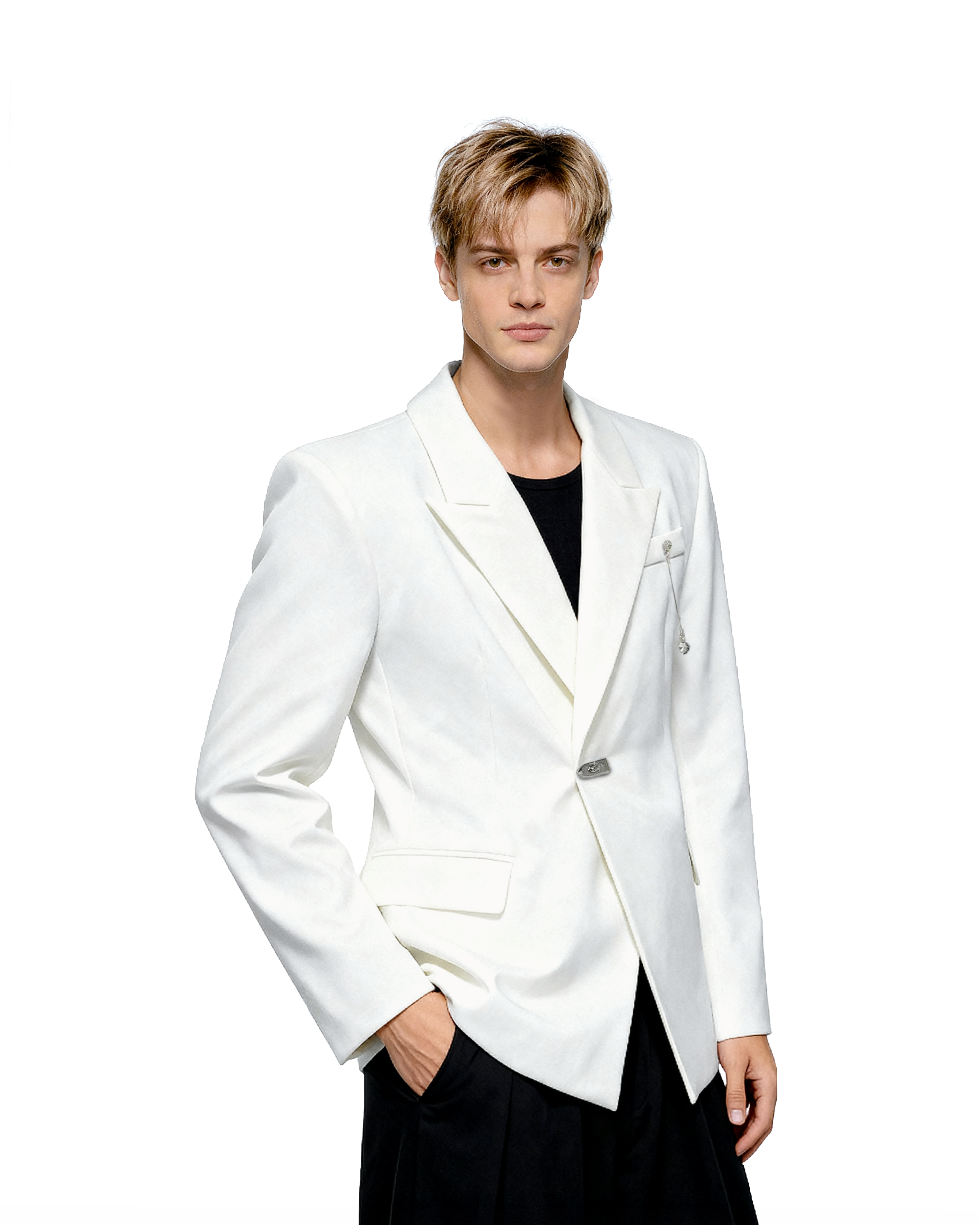 Oversized Peak Lapel Blazer with Metal Clasp Closure and Drop Pendant-10
