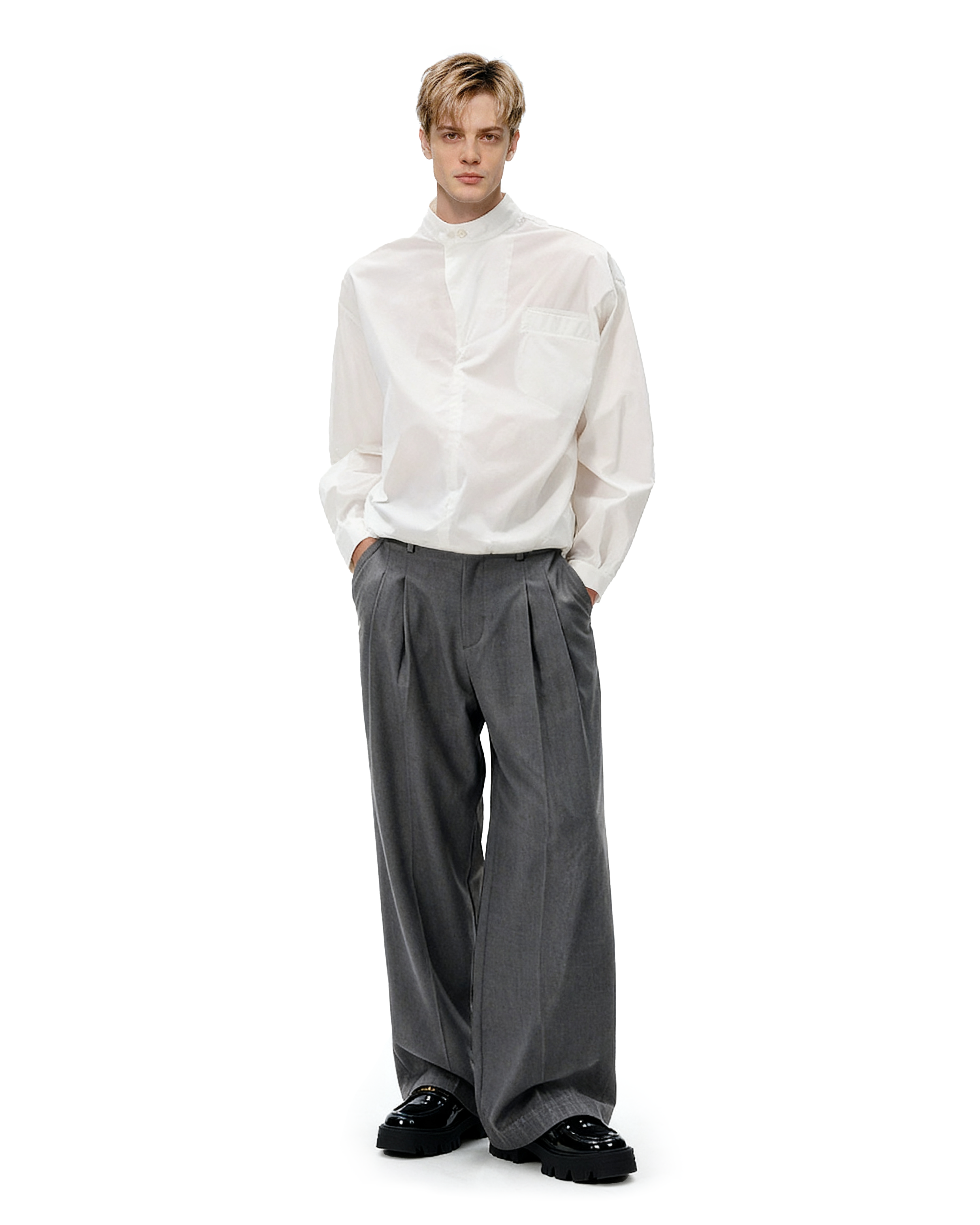 Mandarin Collar Long Sleeve Popover Quarter-Zip Shirt-4