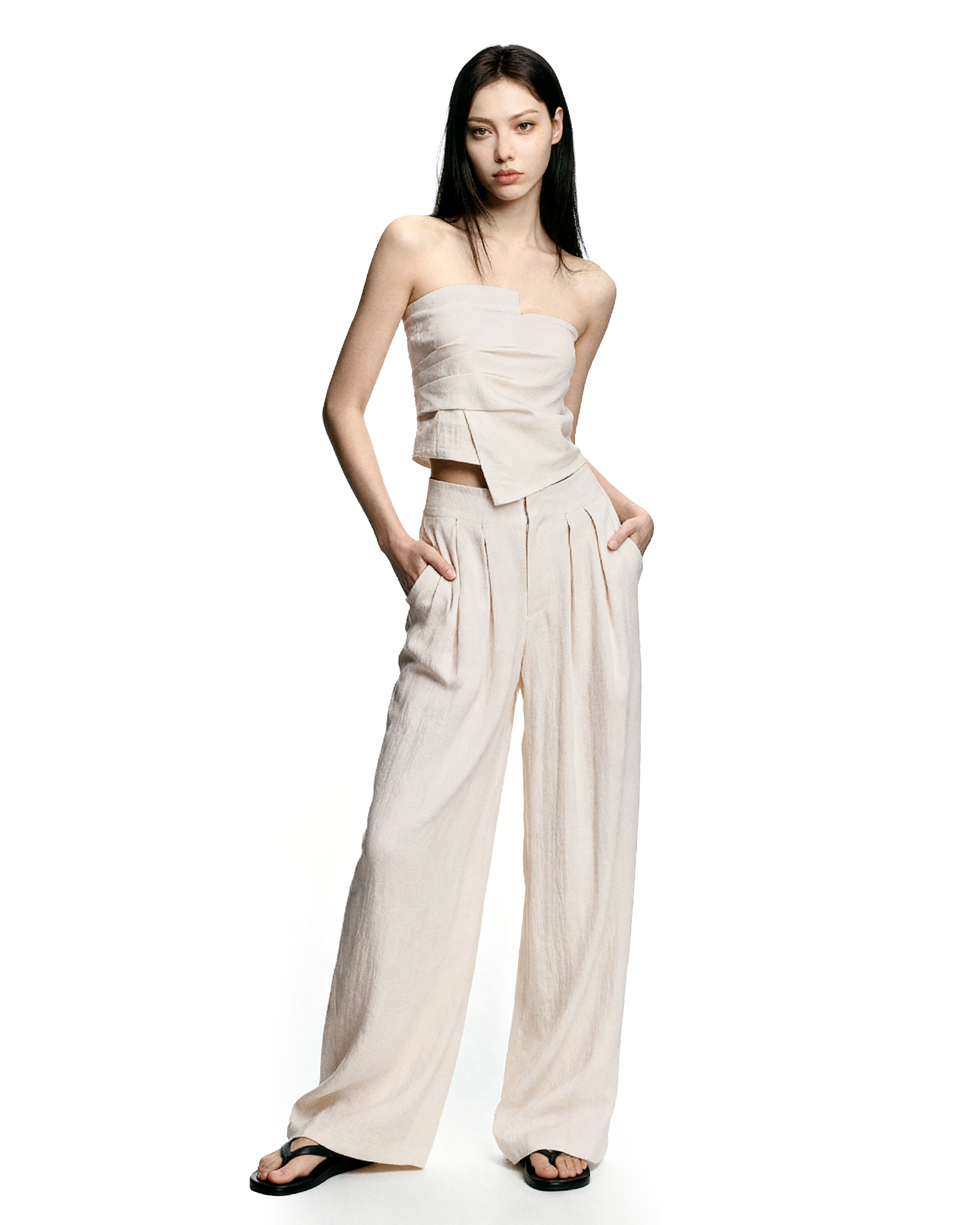 Strapless Asymmetric Top and Wide Leg Pleated Pant Two-Piece Set - nightcity clothing