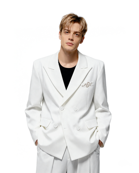 Oversized Snake-Brooch Wide Lapel Blazer and Pleated Pants Two-Piece Set