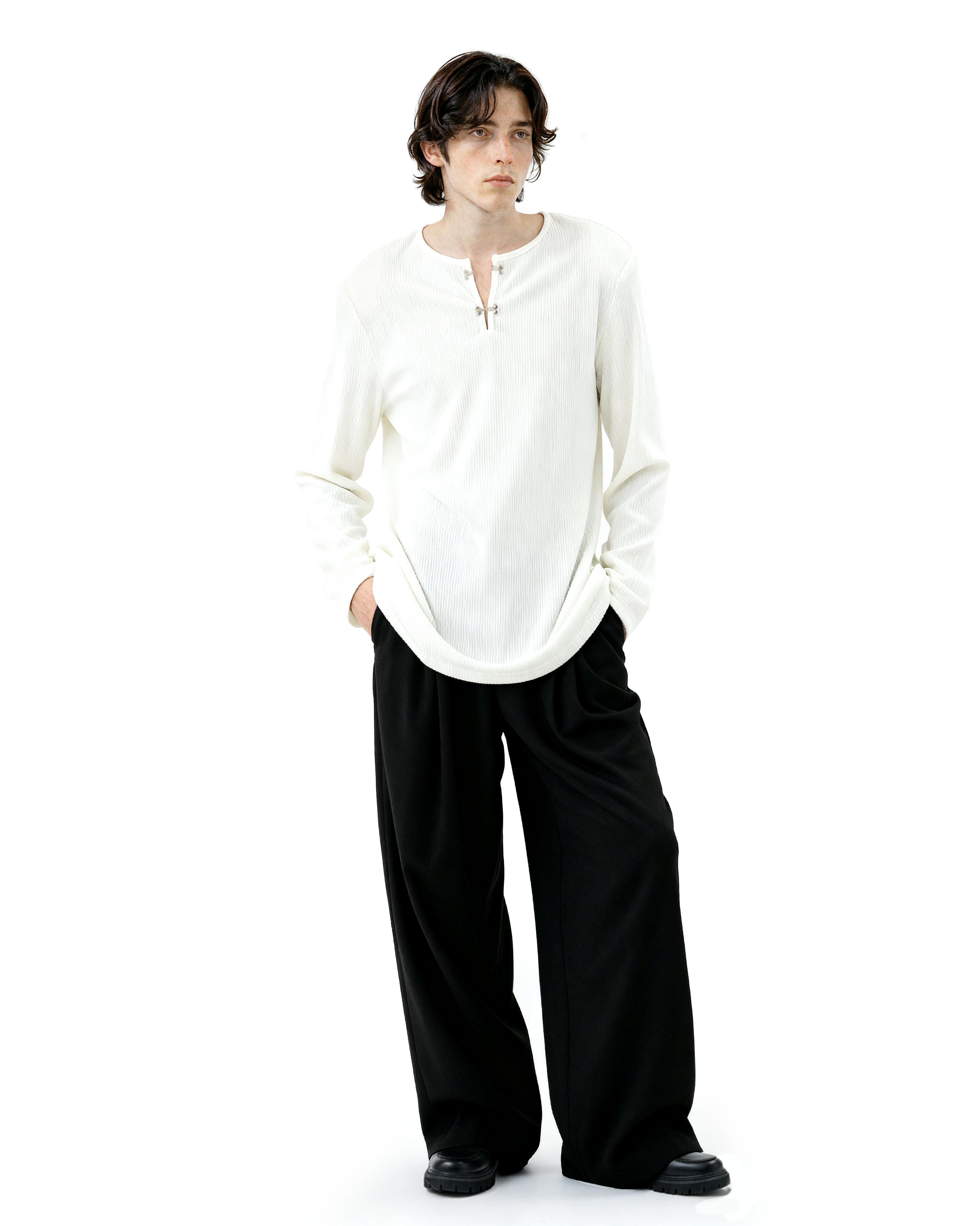 Ribbed Metal-Clasp Hook Henley Long Sleeve Tee - nightcity clothing