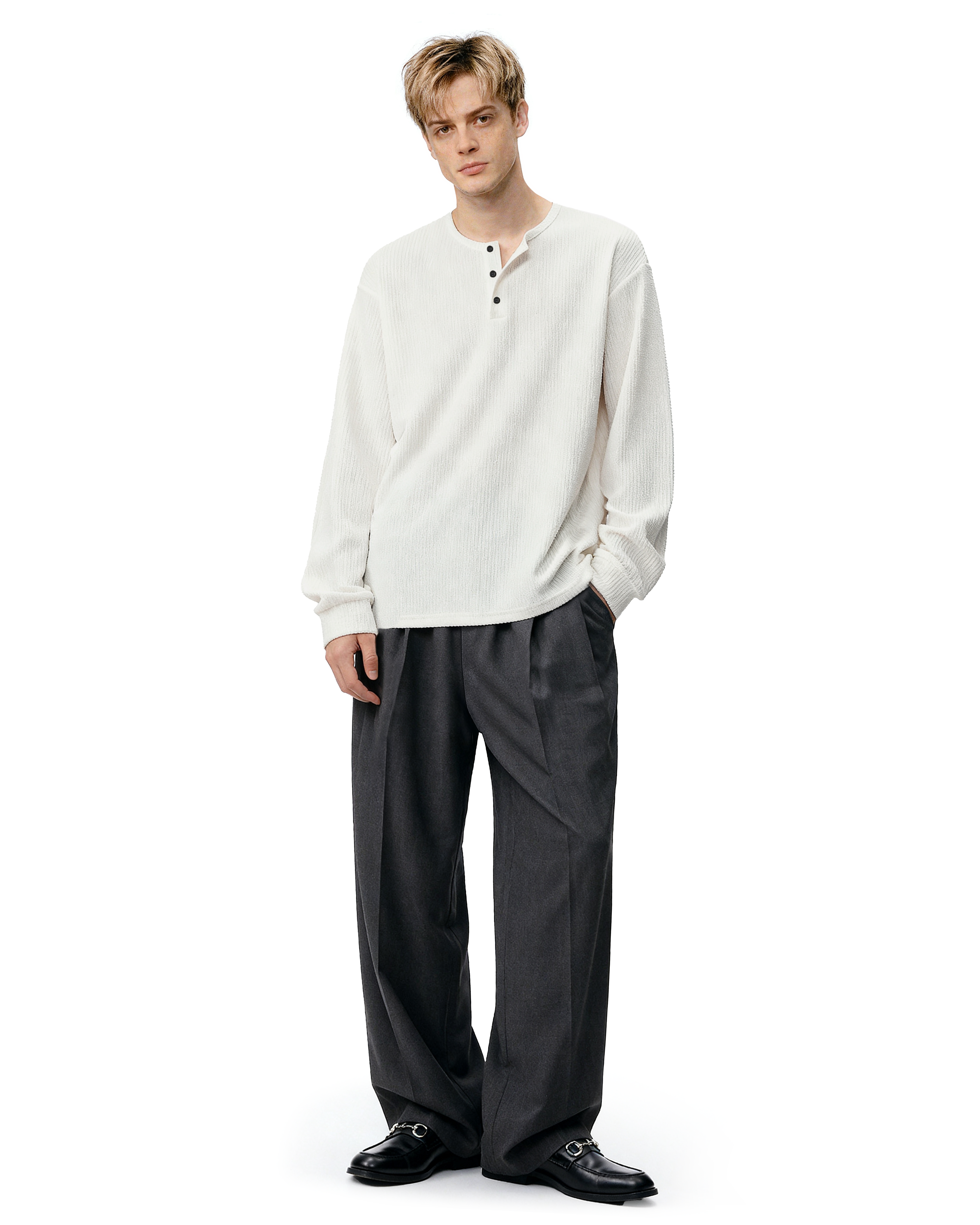 Waffle Pattern Half Button Long Sleeve Shirt-5
