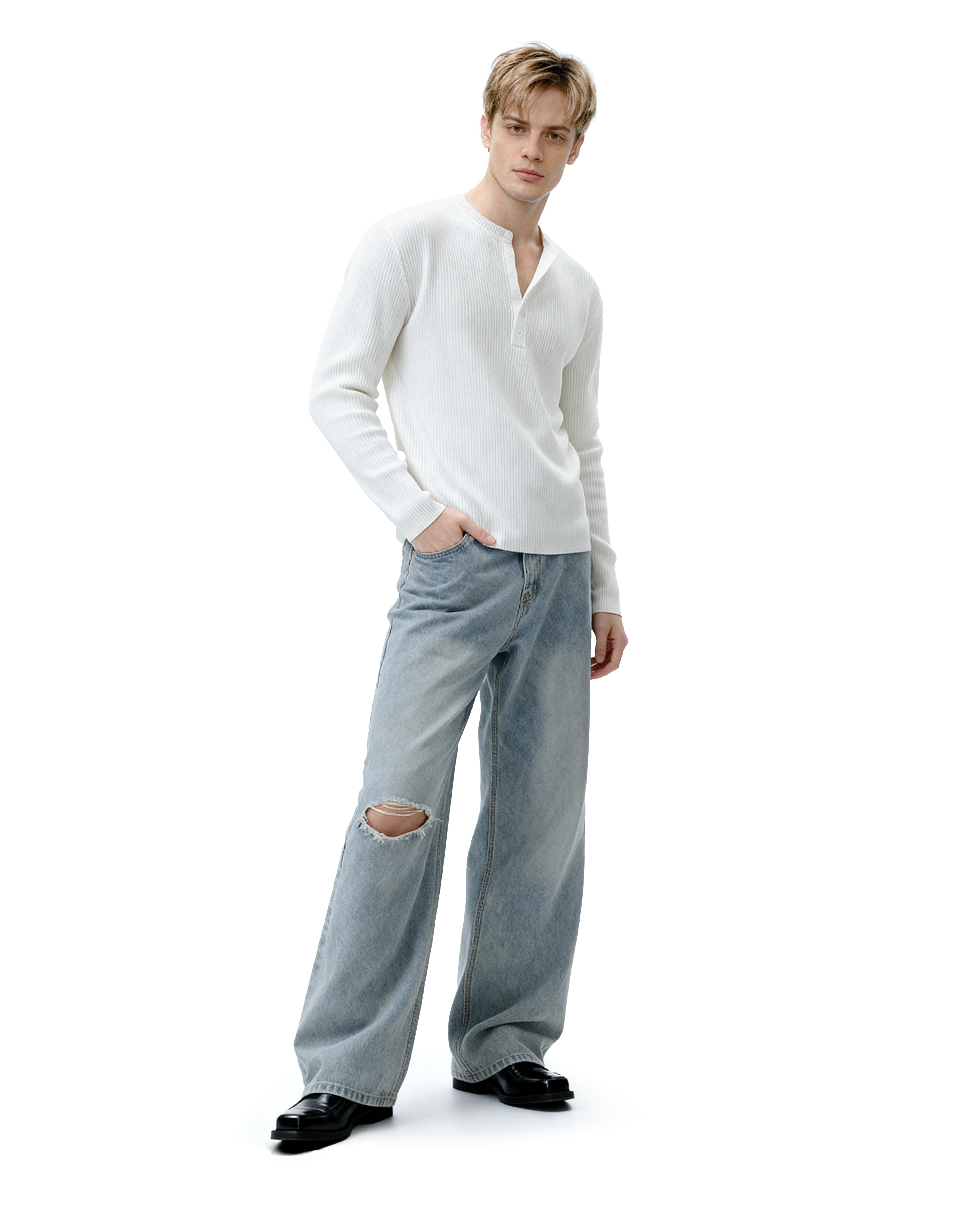 Ribbed Knit Henley Sweatshirt with Button Neckline - nightcity clothing
