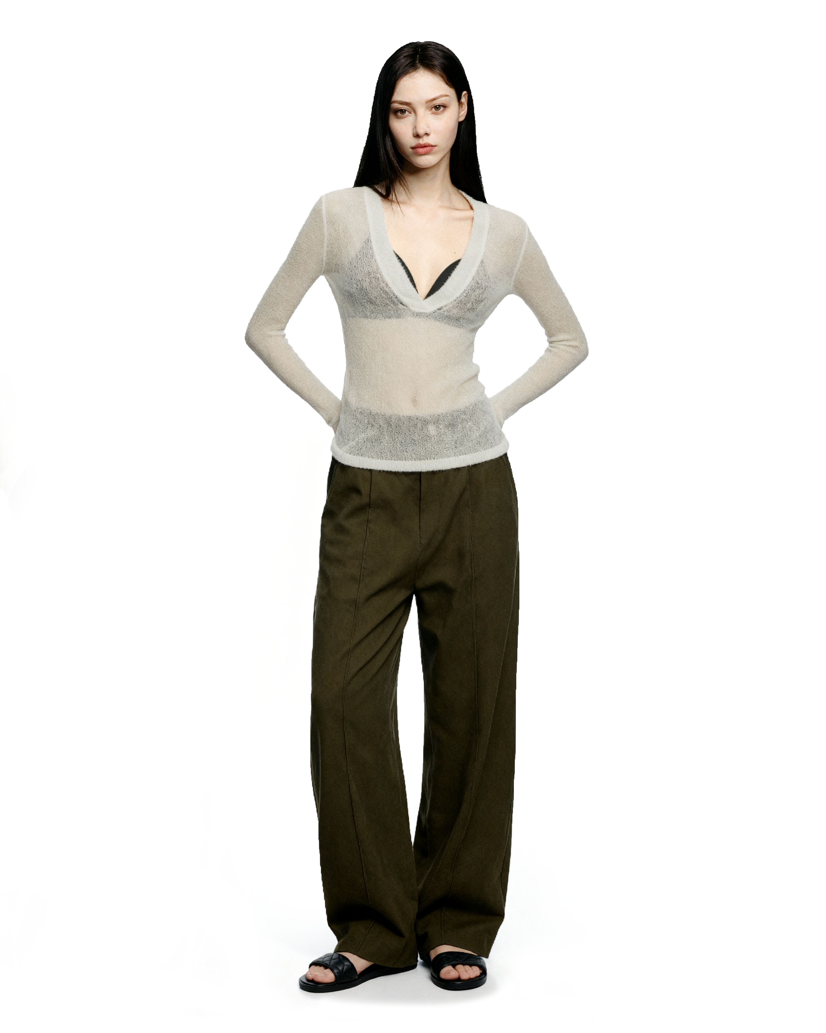 Sheer Knit Deep V-Neck Long Sleeve Top-14