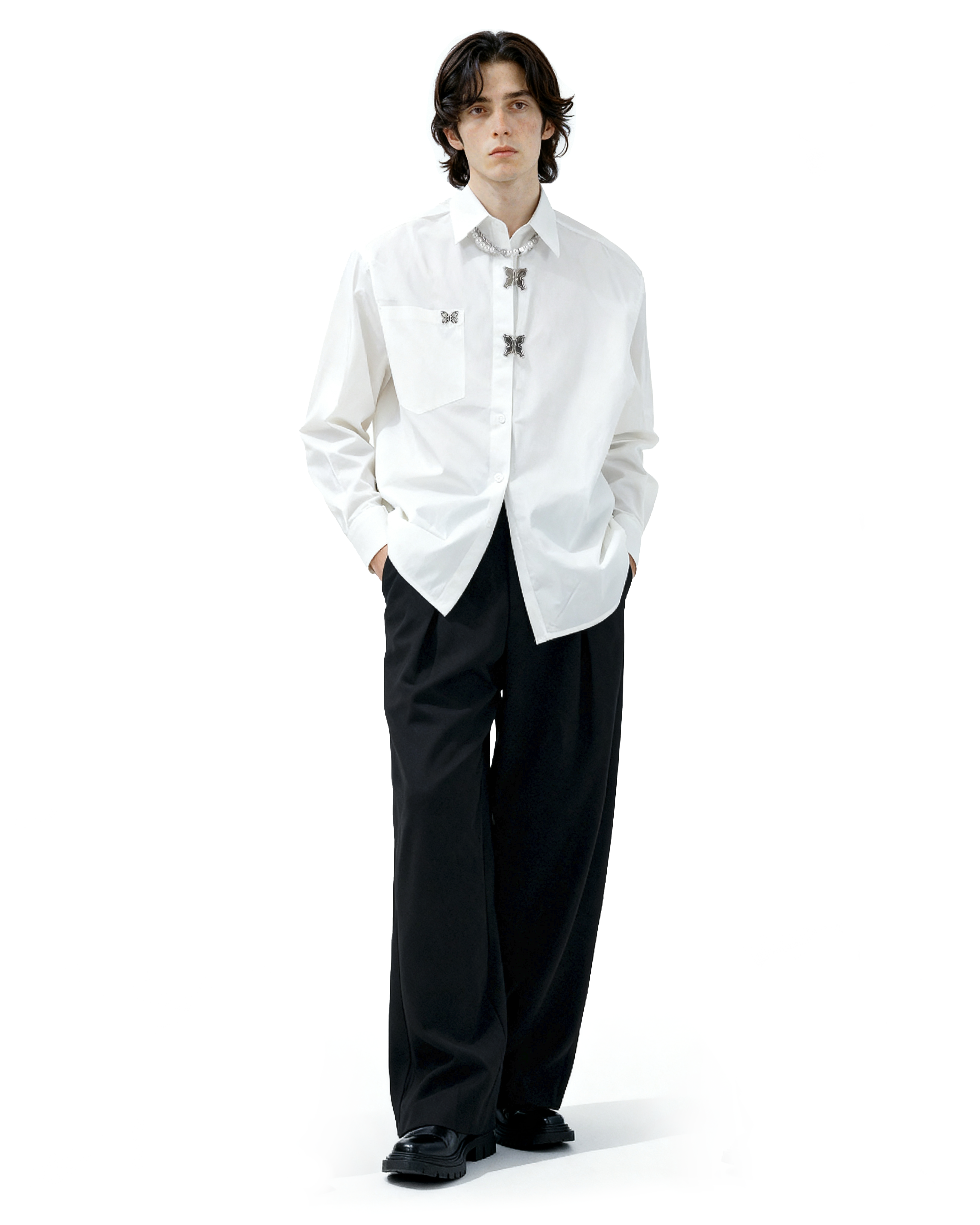 Oversized Shirt with Metallic Brooch Accents - nightcity clothing