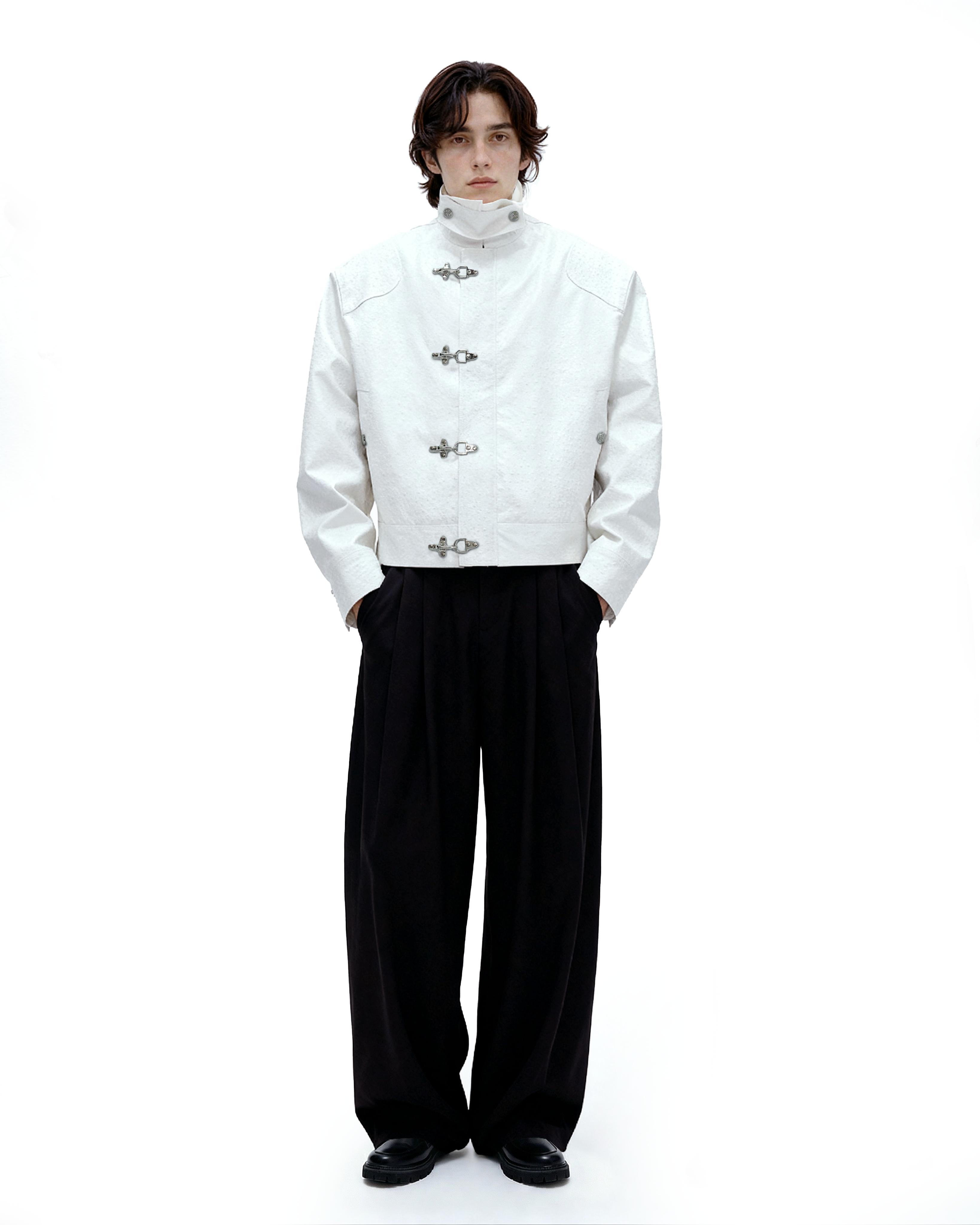 Faux Leather Textured Fireman-Clasp Boxy Jacket - nightcity clothing