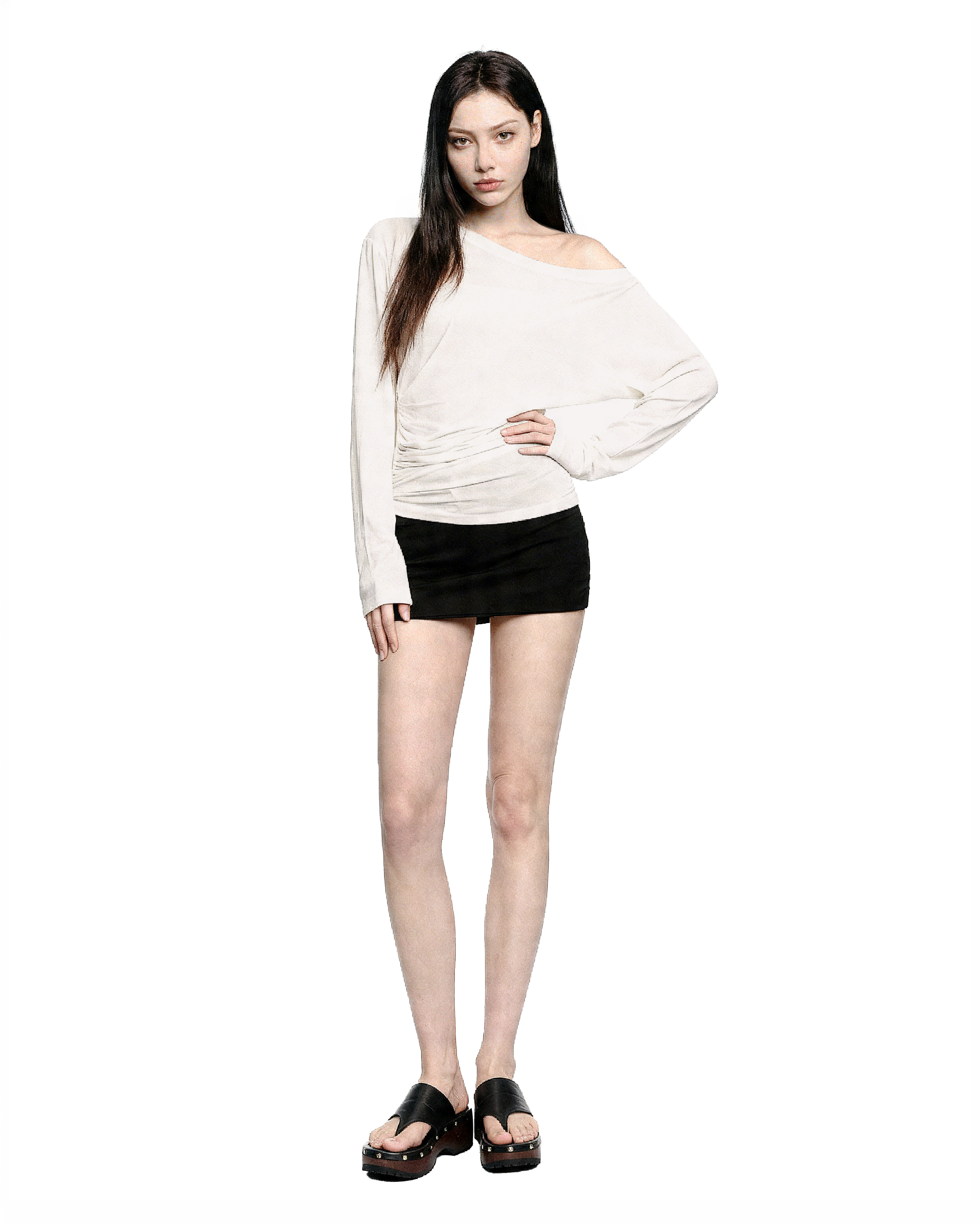 Asymmetric Off Shoulder Ruched Long Sleeve Top-4