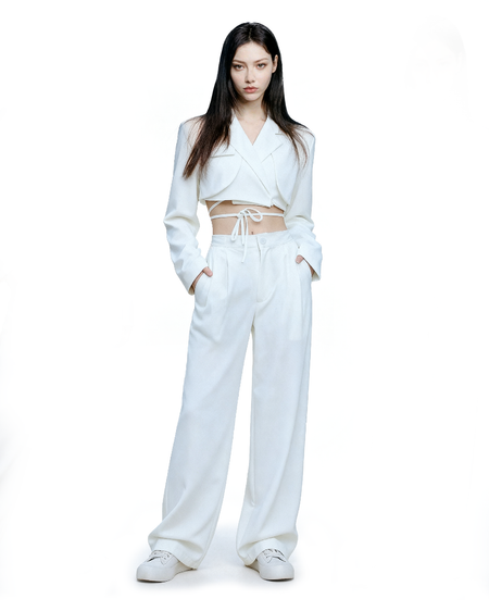 Slim Cropped Blazer with Rounded Hem Two-Piece Suit Set