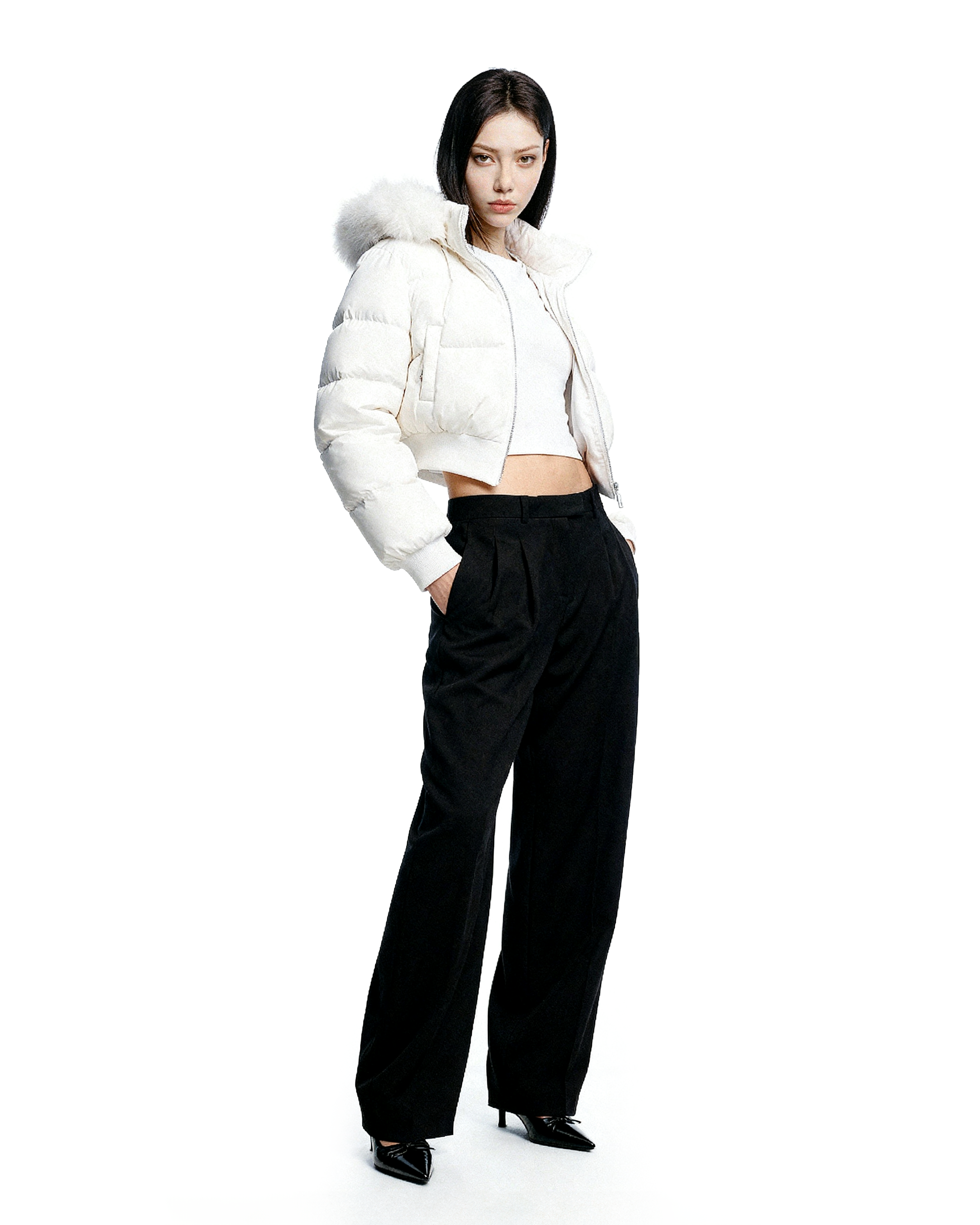 Crop Puffer Jacket with Detachable Faux Fur Hood Trim - nightcity clothing