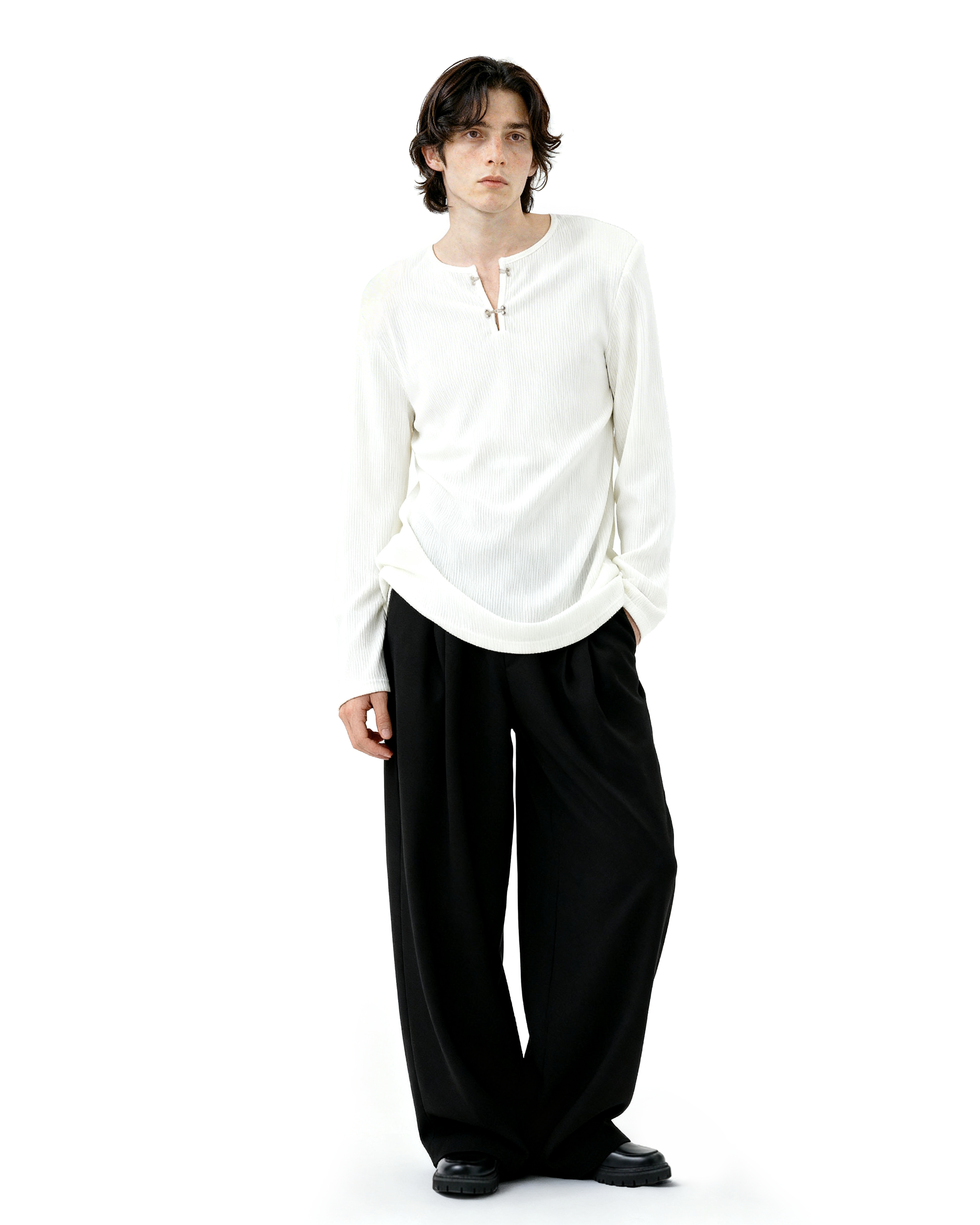 Ribbed Metal-Clasp Hook Henley Long Sleeve Tee - nightcity clothing
