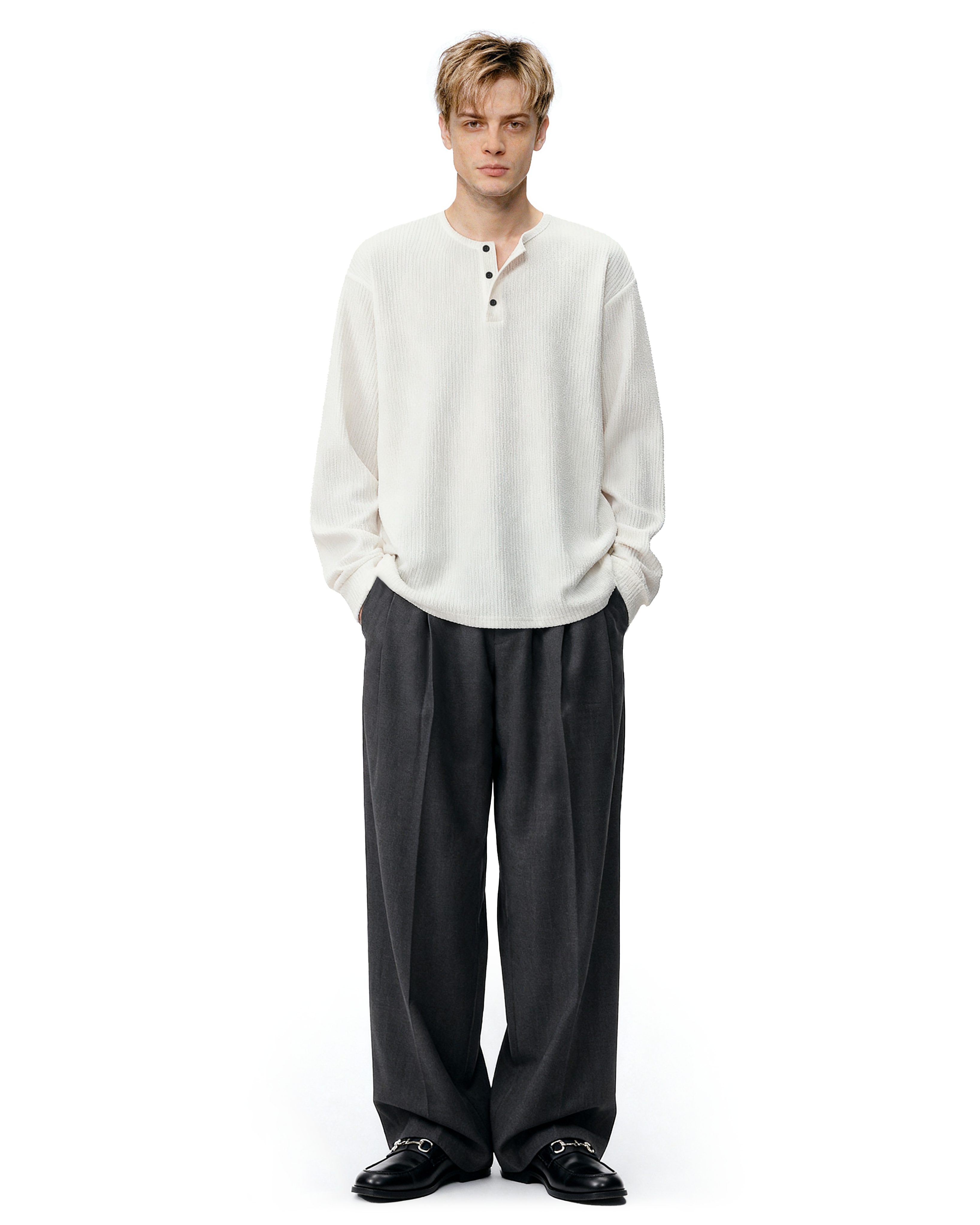 Waffle Pattern Half Button Long Sleeve Shirt-4