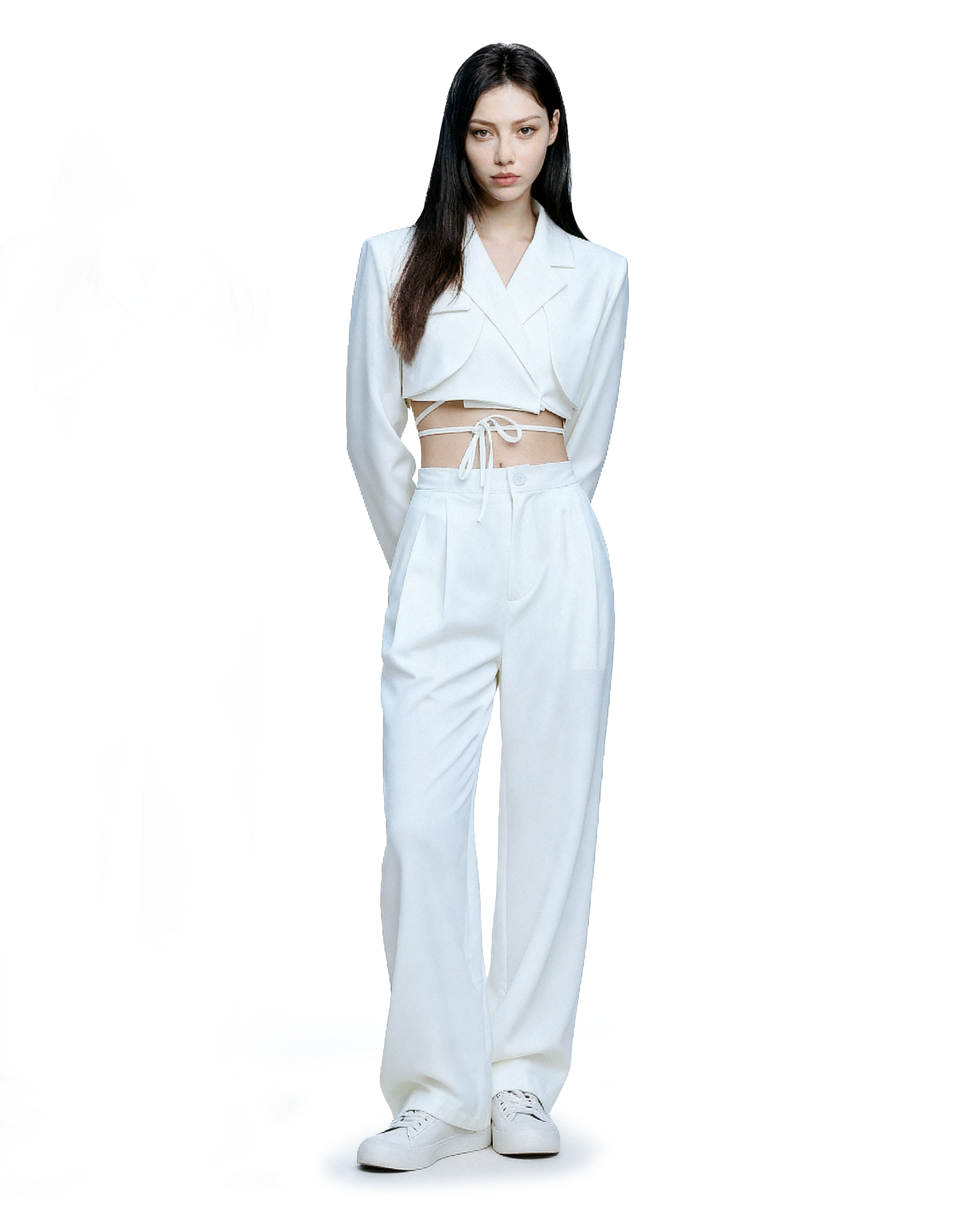 Slim Cropped Blazer with Rounded Hem Two-Piece Suit Set-18
