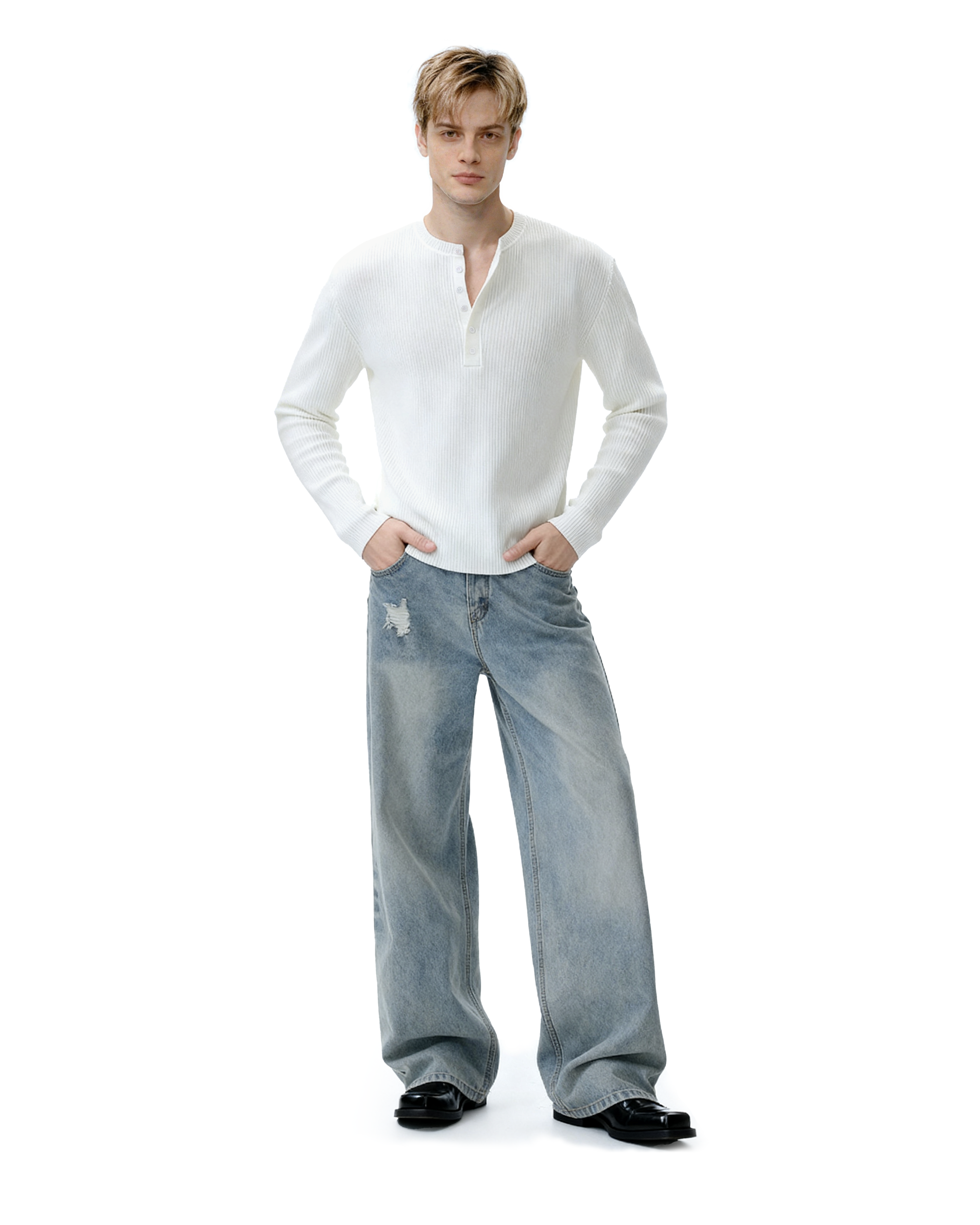 Ribbed Knit Henley Sweatshirt with Button Neckline - nightcity clothing