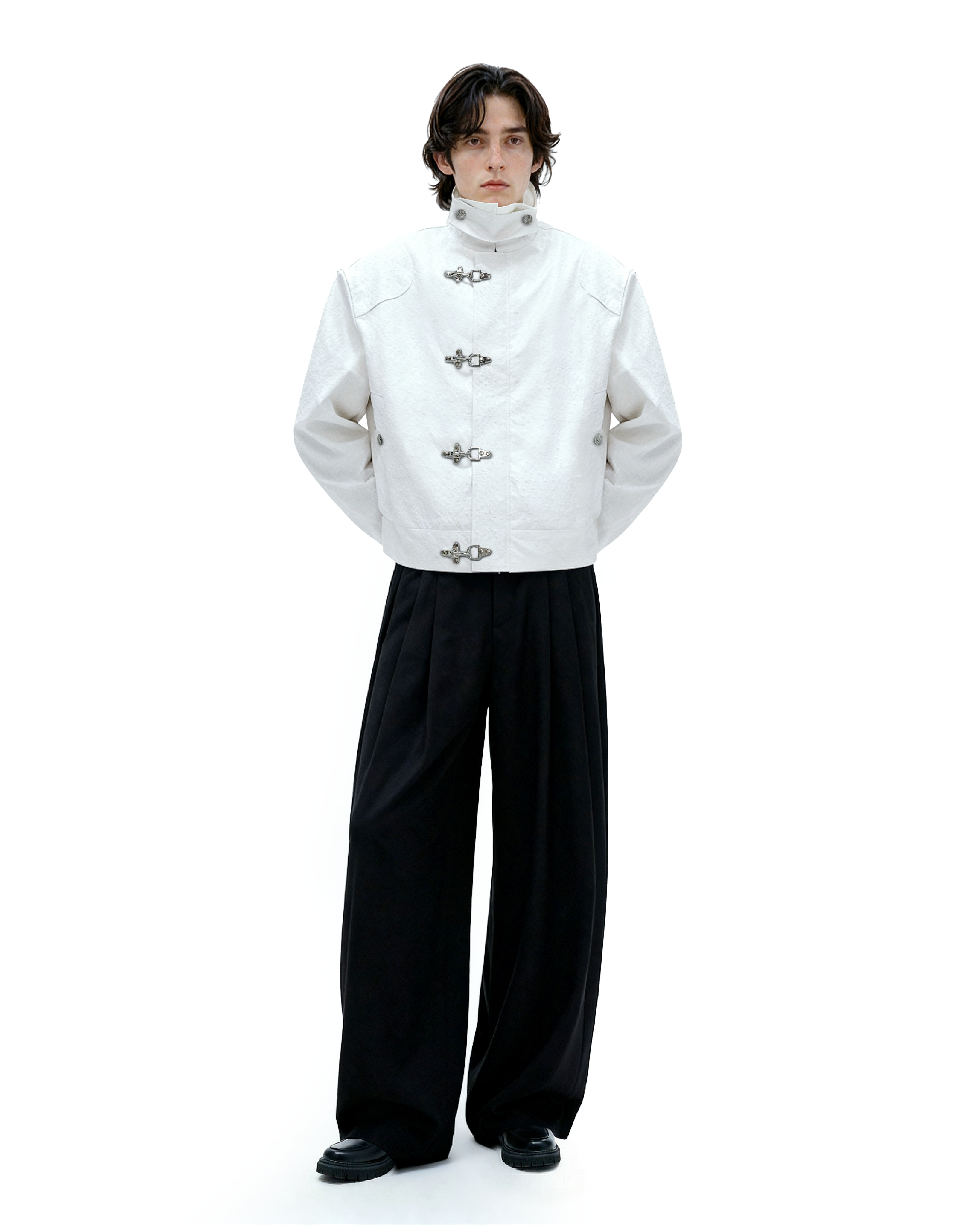 Faux Leather Textured Fireman-Clasp Boxy Jacket - nightcity clothing