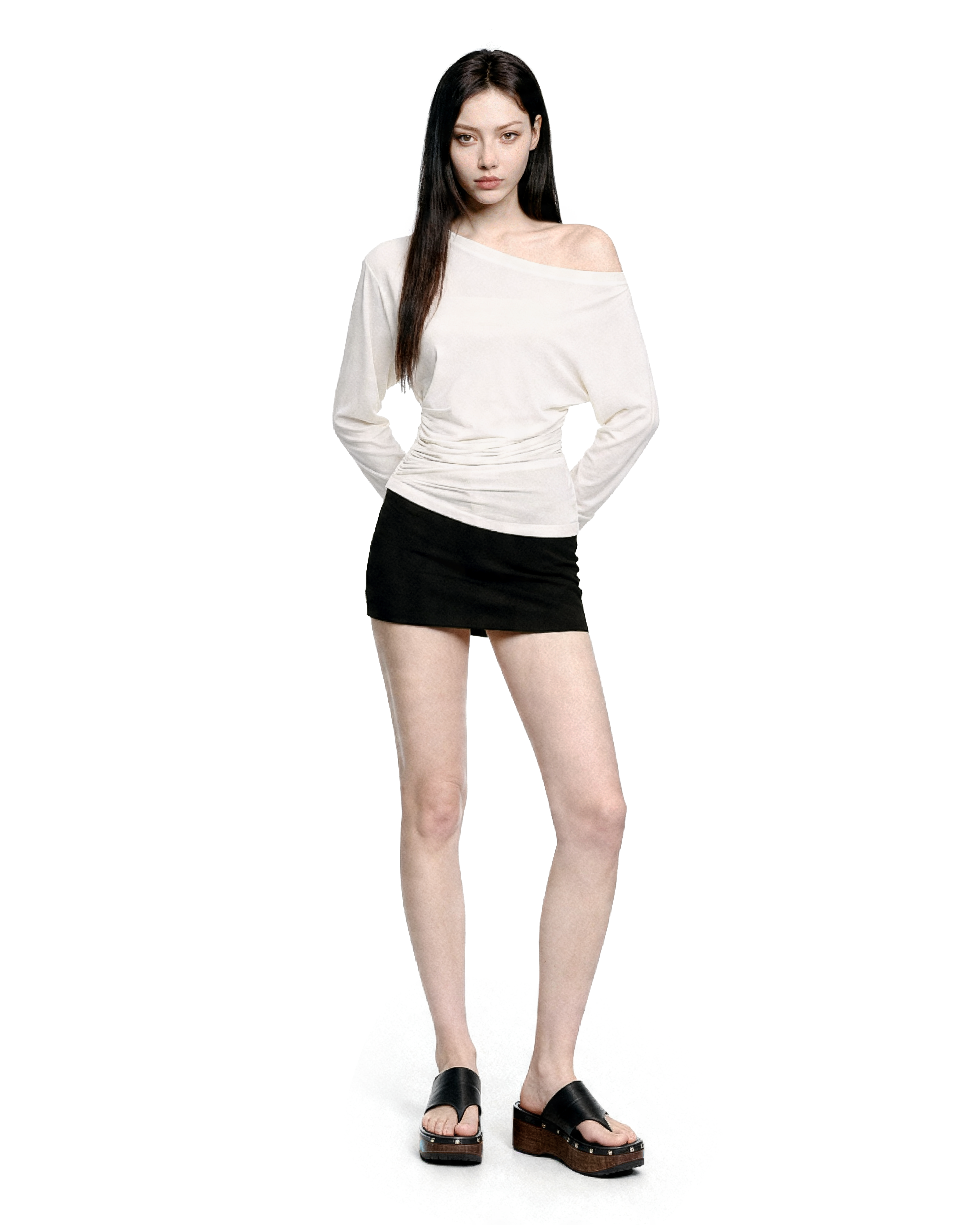 Asymmetric Off Shoulder Ruched Long Sleeve Top-3