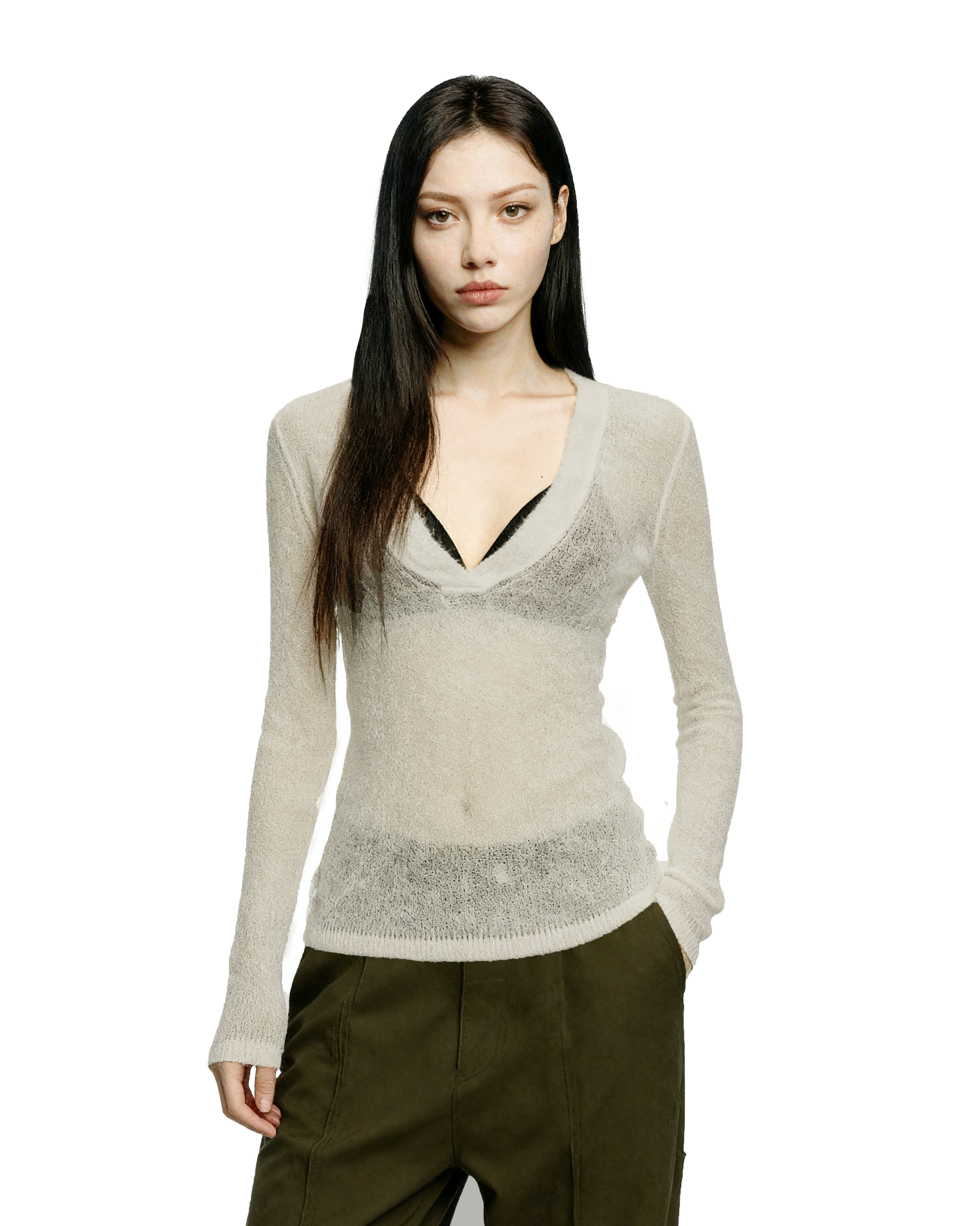 Sheer Knit Deep V-Neck Long Sleeve Top-12