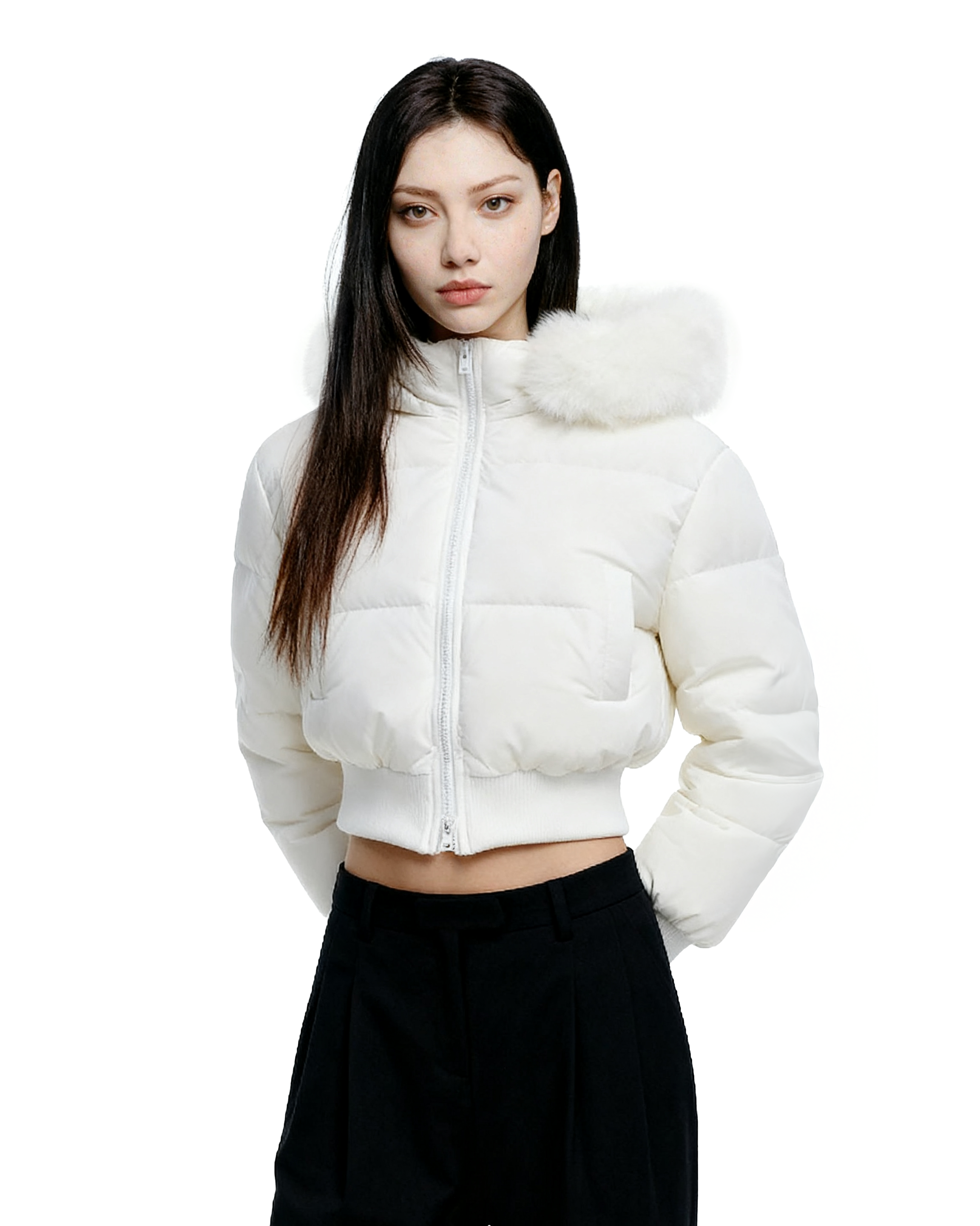Crop Puffer Jacket with Detachable Faux Fur Hood Trim - nightcity clothing