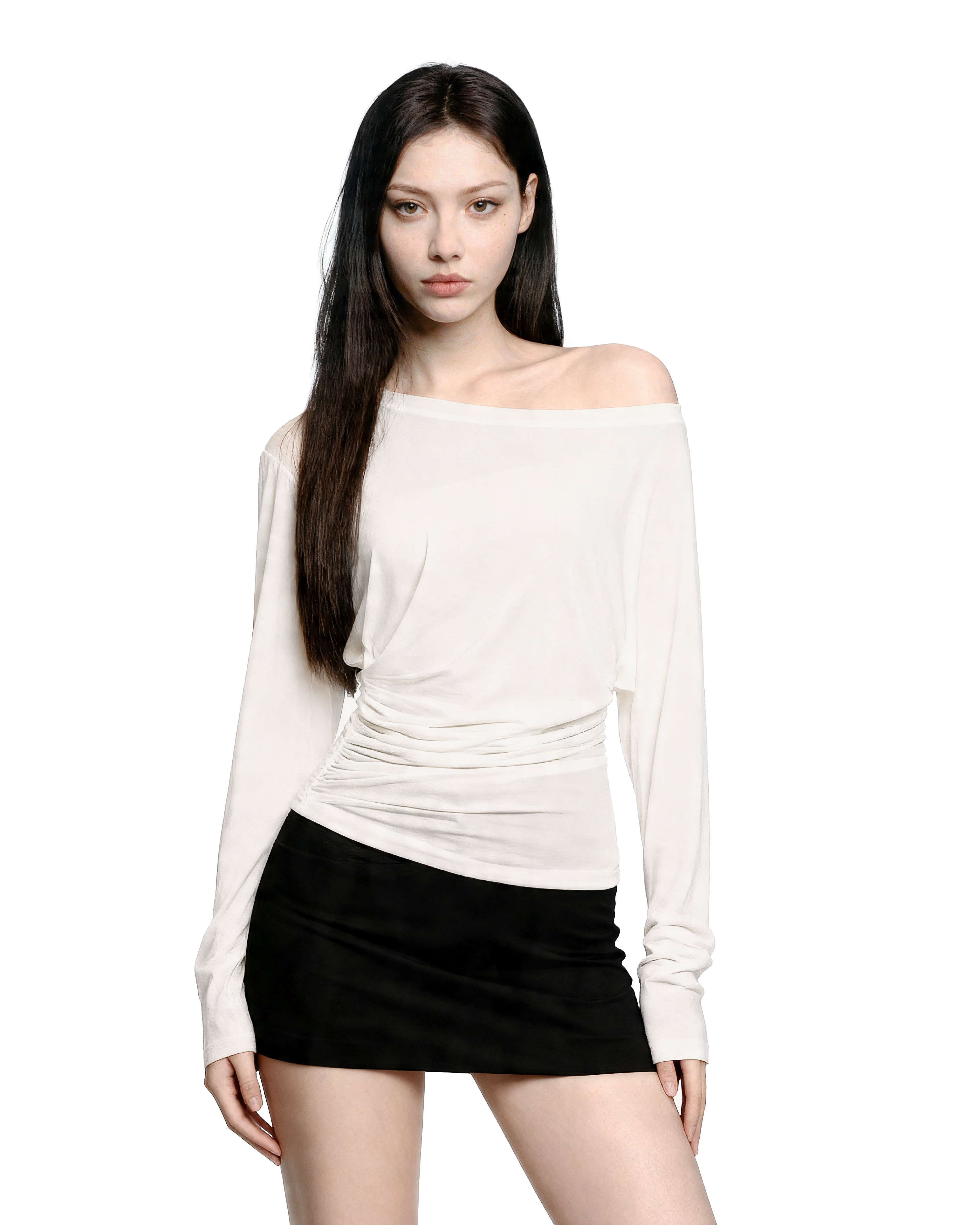 Asymmetric Off Shoulder Ruched Long Sleeve Top