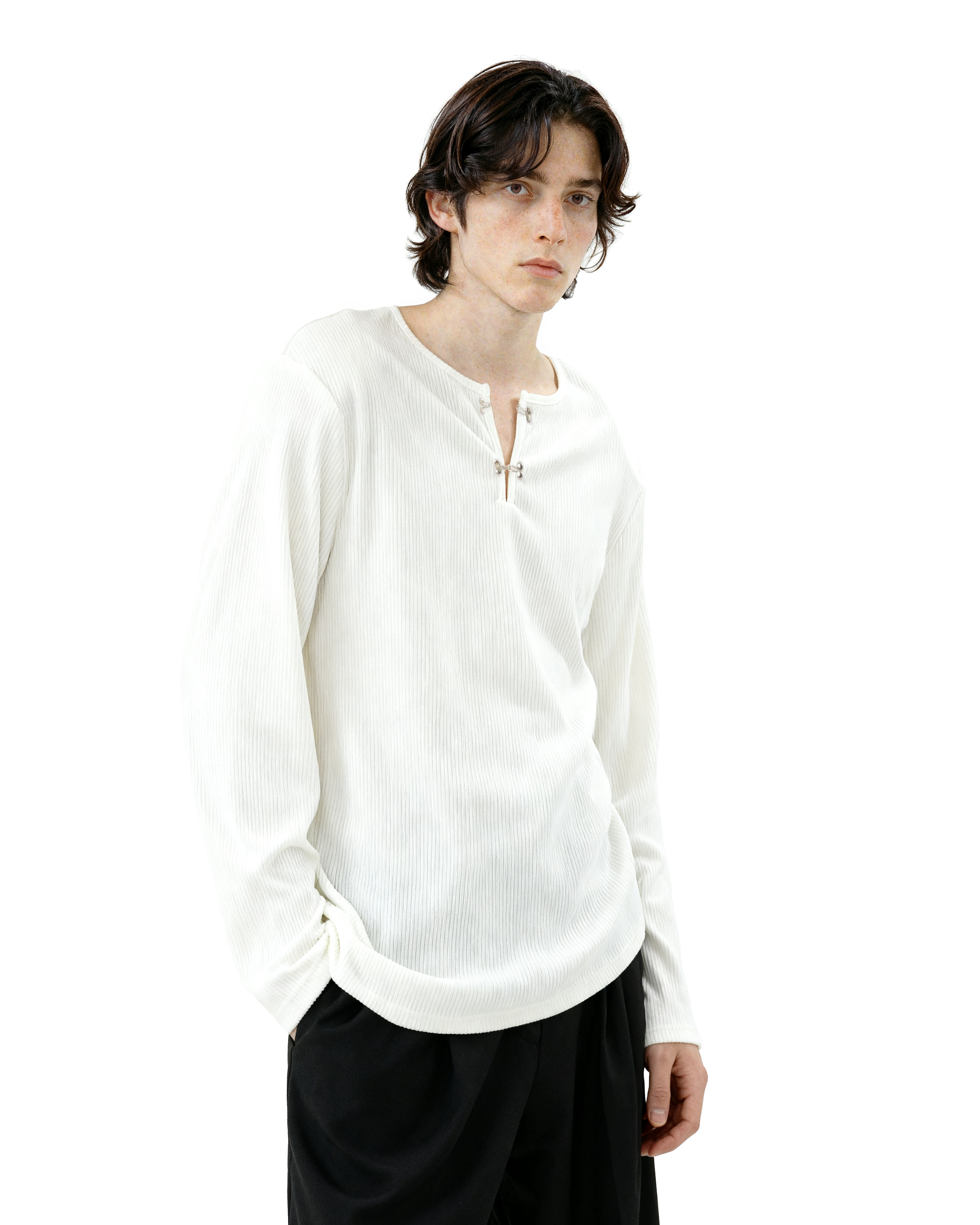 Ribbed Metal-Clasp Hook Henley Long Sleeve Tee - nightcity clothing
