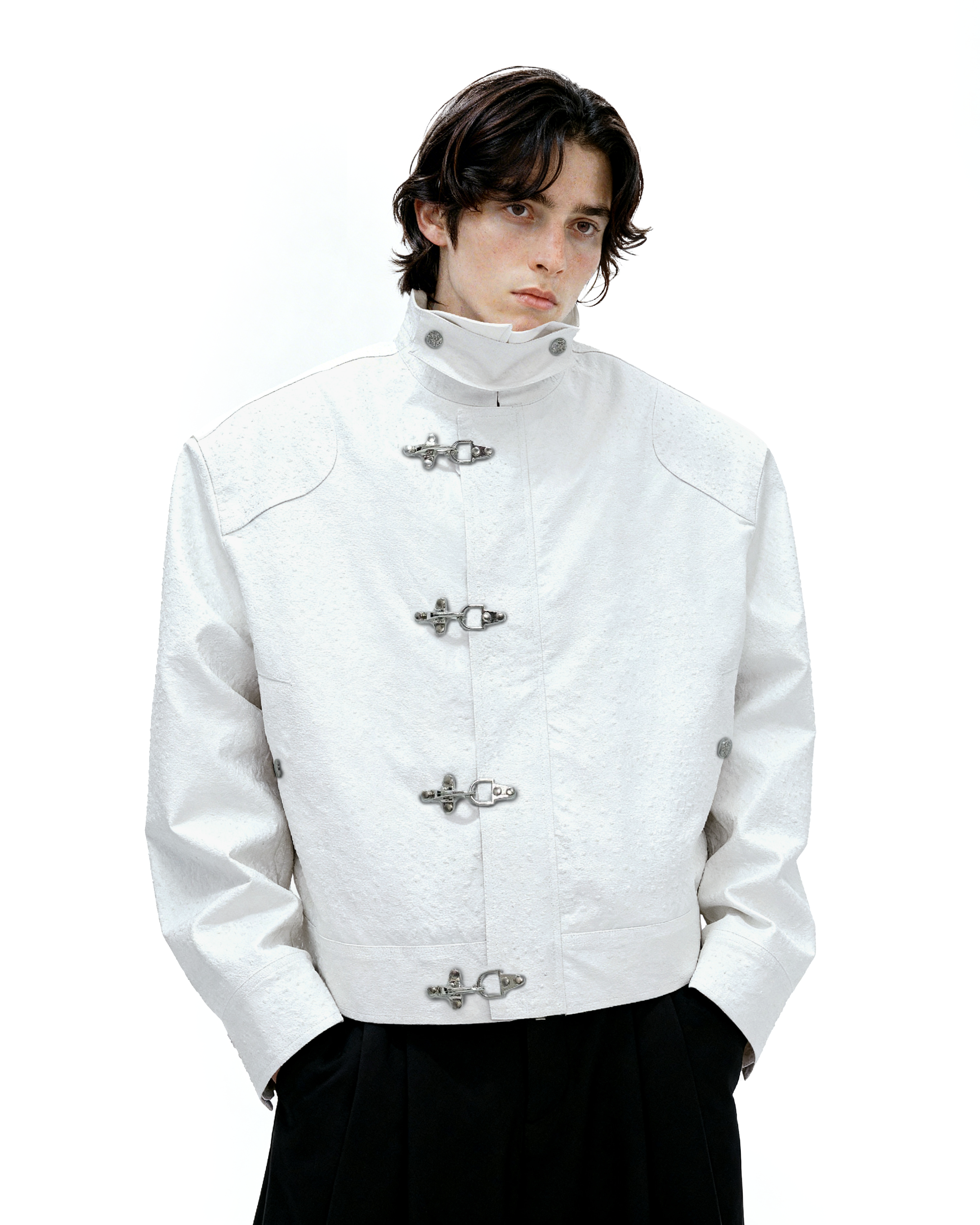 Faux Leather Textured Fireman-Clasp Boxy Jacket - nightcity clothing