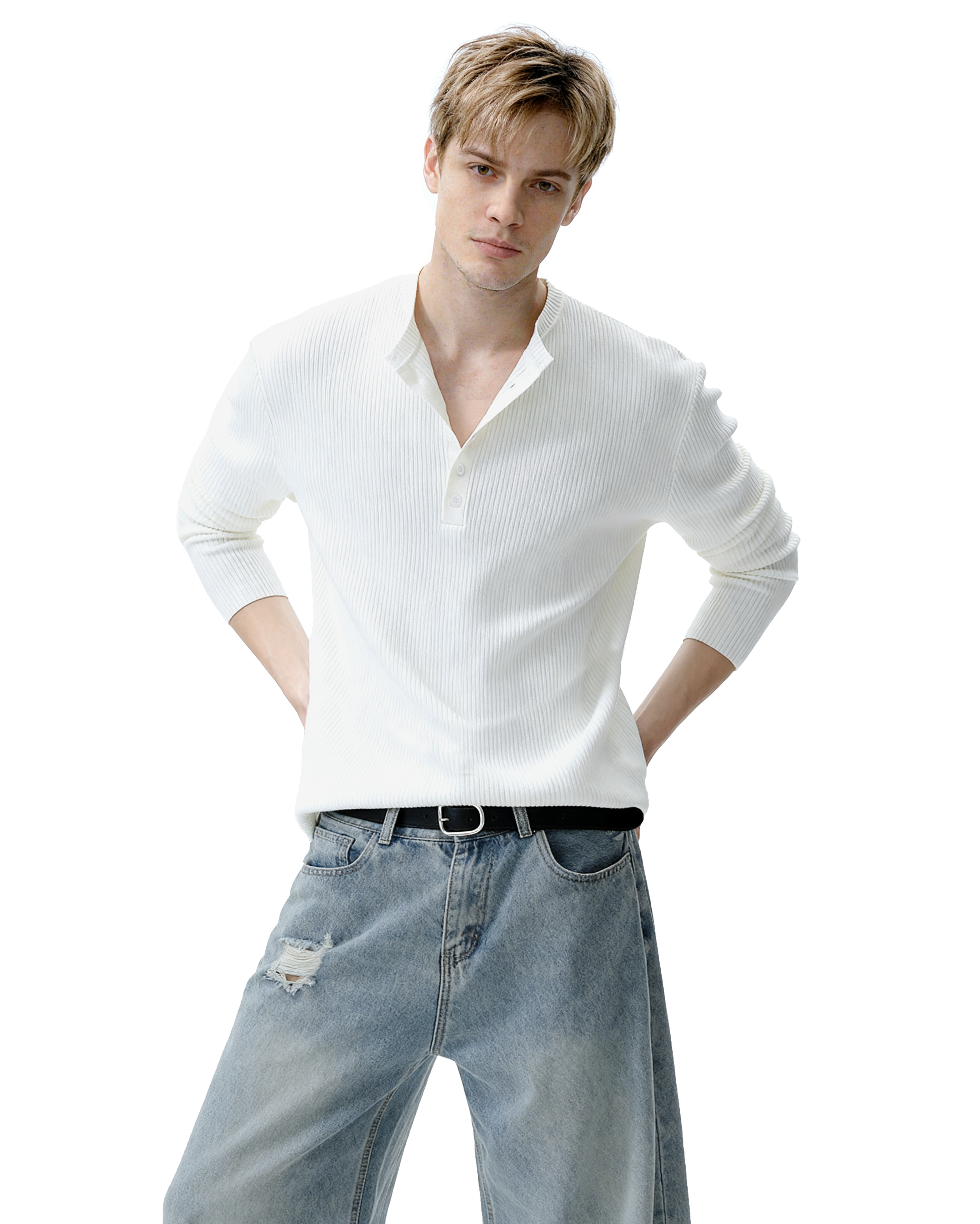 Ribbed Knit Henley Sweatshirt with Button Neckline - nightcity clothing