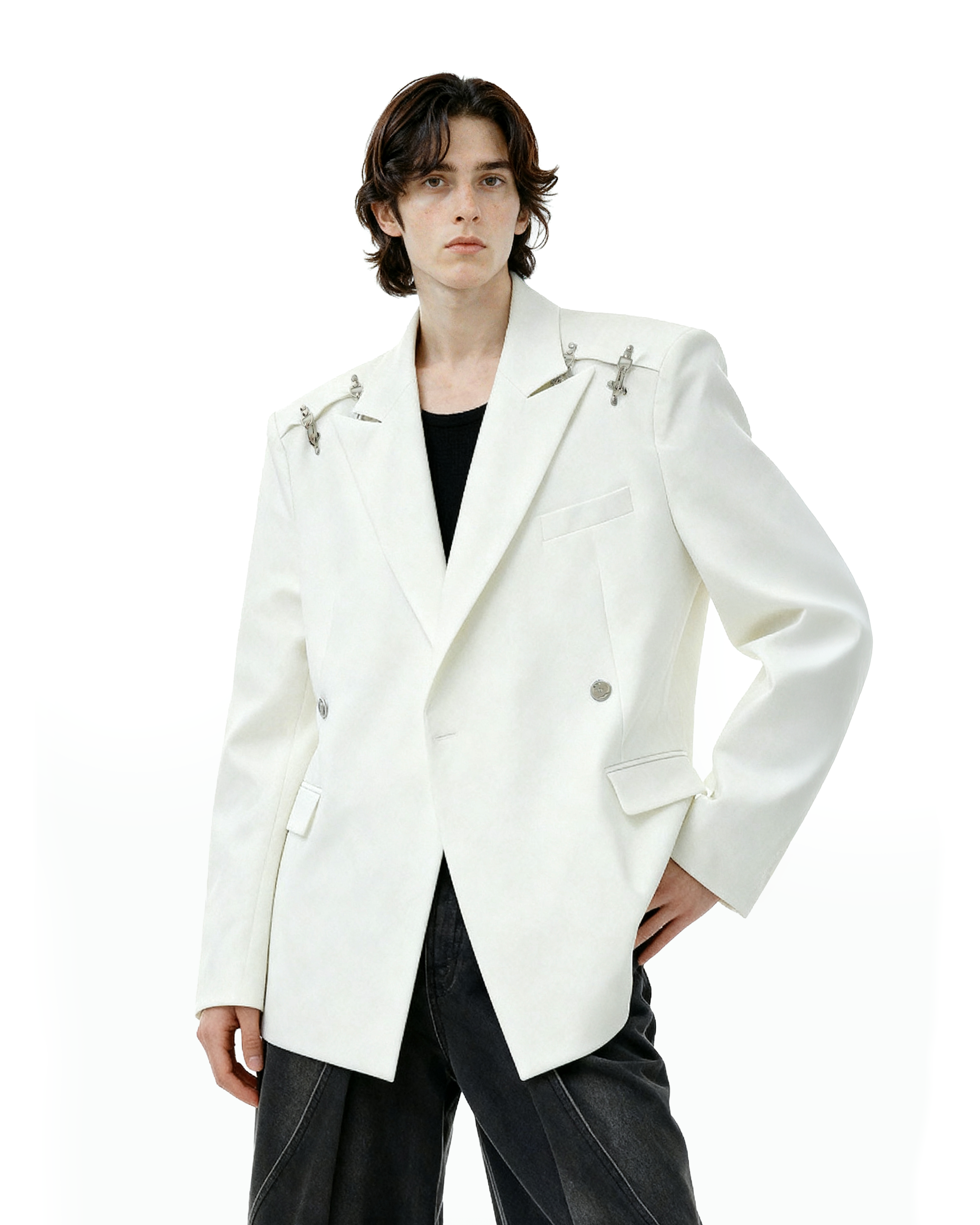 Oversized Double-Breasted Blazer with Peak Lapels and Silver Accents-8