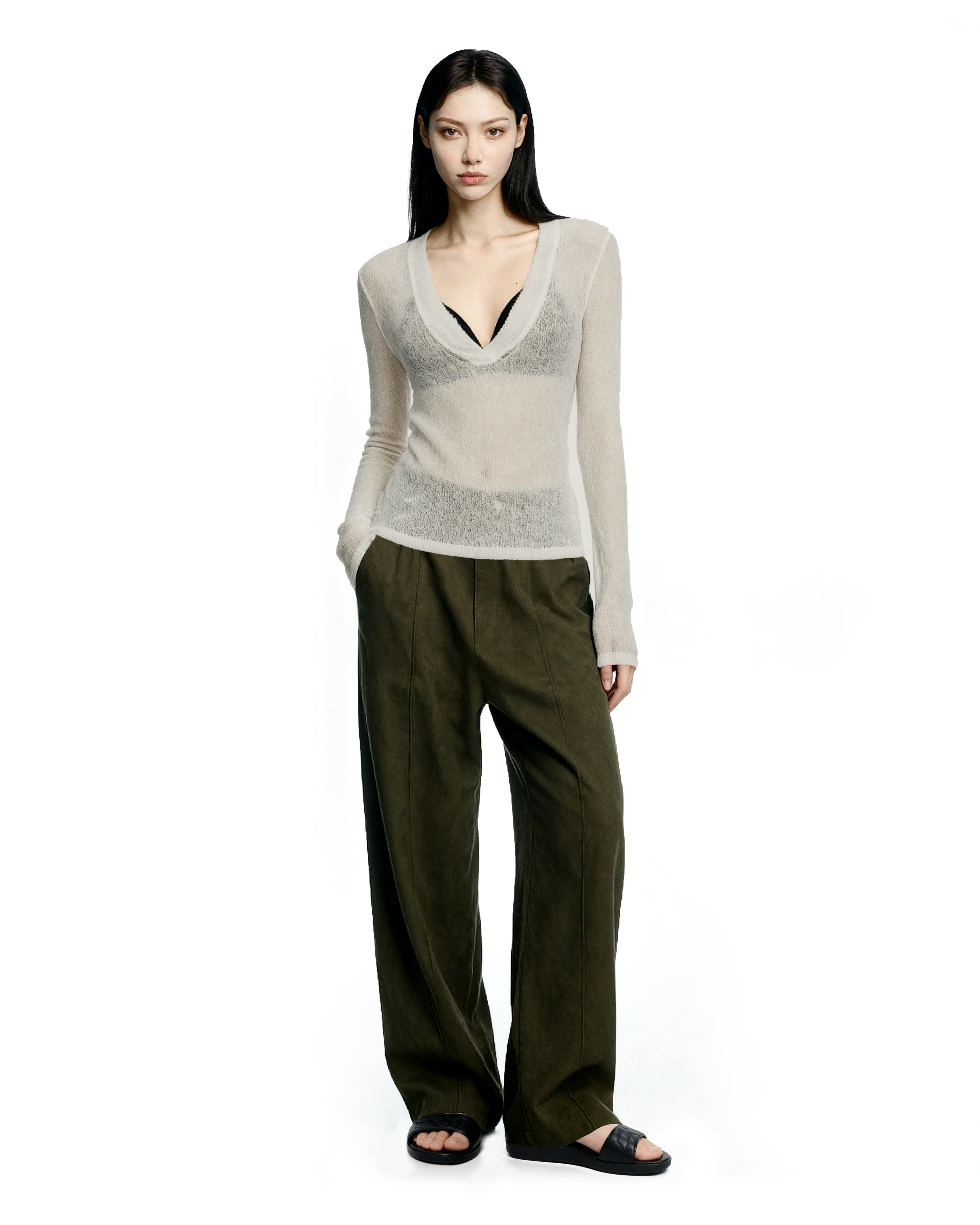 Sheer Knit Deep V-Neck Long Sleeve Top-15