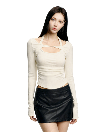 Halter Cutout-Layered Ribbed Long Sleeve Top - nightcity clothing