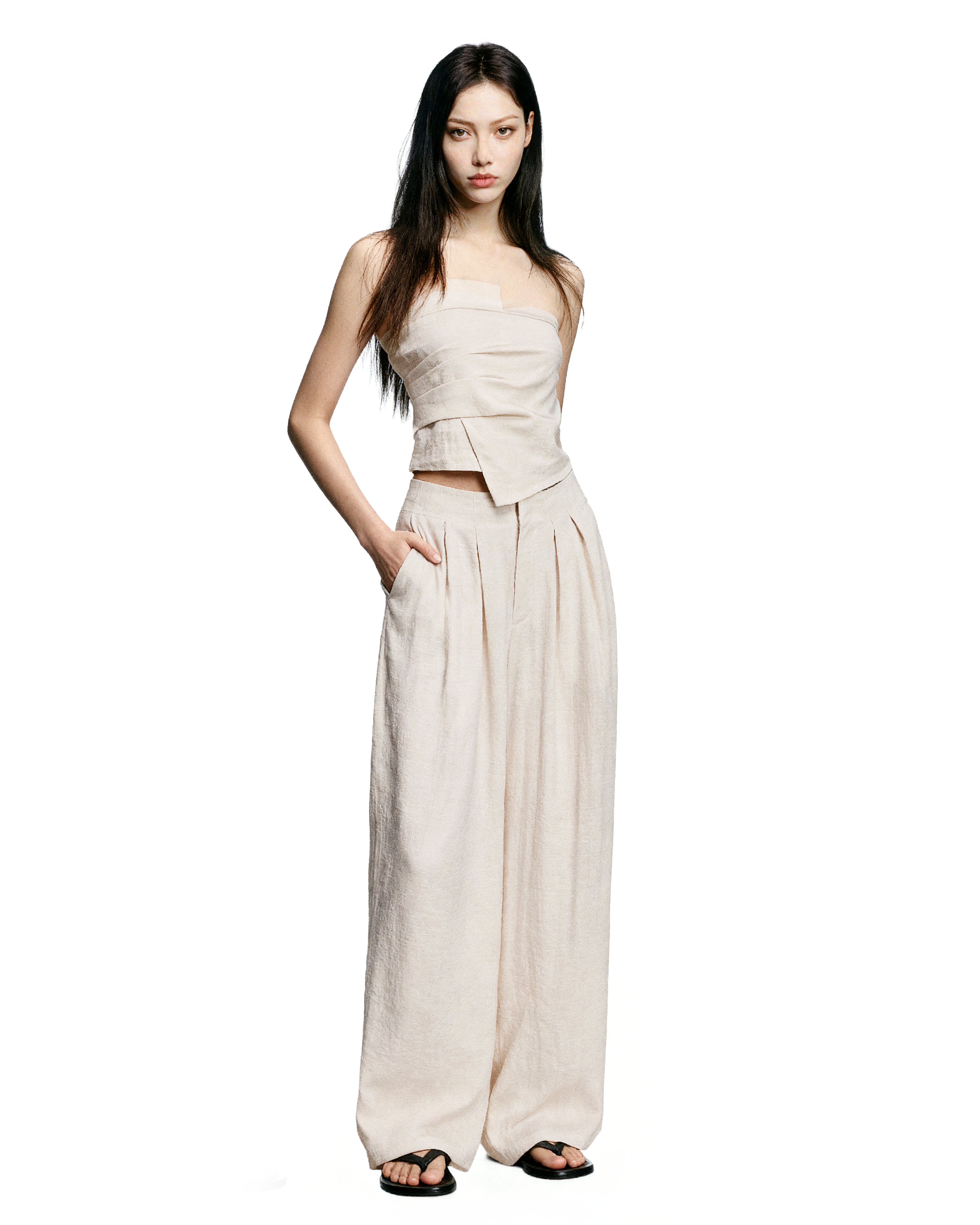 Strapless Asymmetric Top and Wide Leg Pleated Pant Two-Piece Set - nightcity clothing