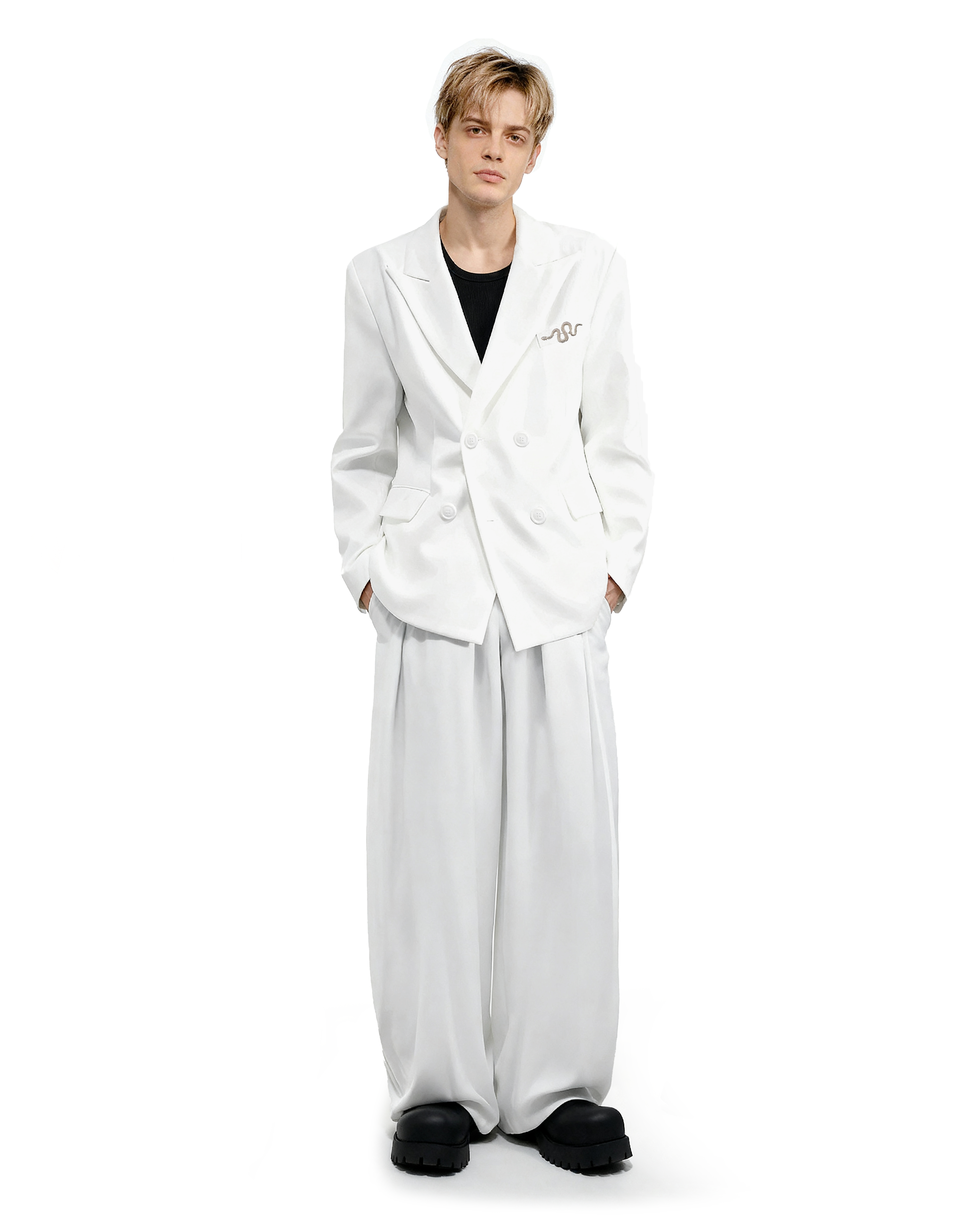 Oversized Snake-Brooch Wide Lapel Blazer and Pleated Pants Two-Piece Set-10