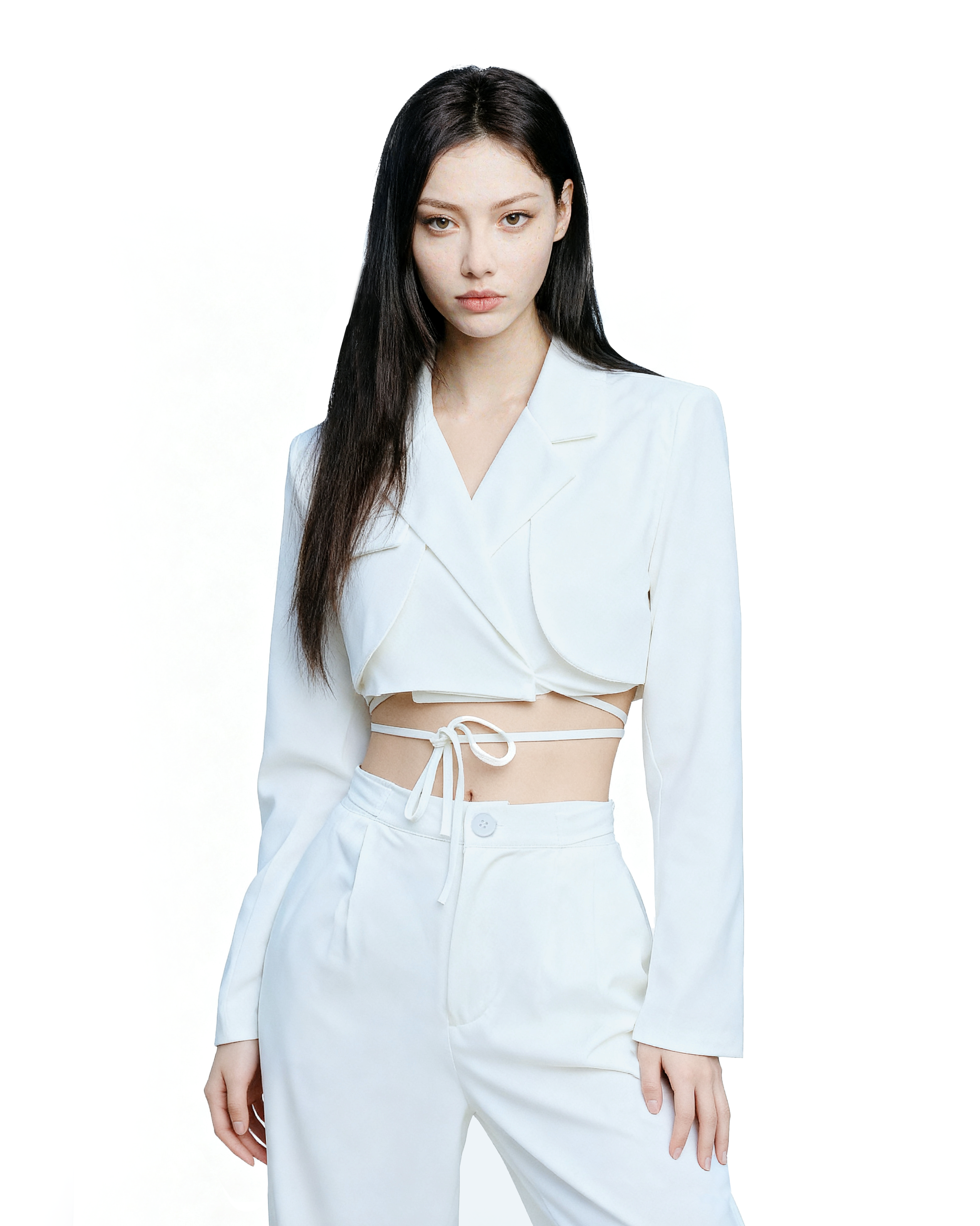 Slim Cropped Blazer with Rounded Hem Two-Piece Suit Set-12