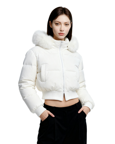 Crop Puffer Jacket with Detachable Faux Fur Hood Trim - nightcity clothing