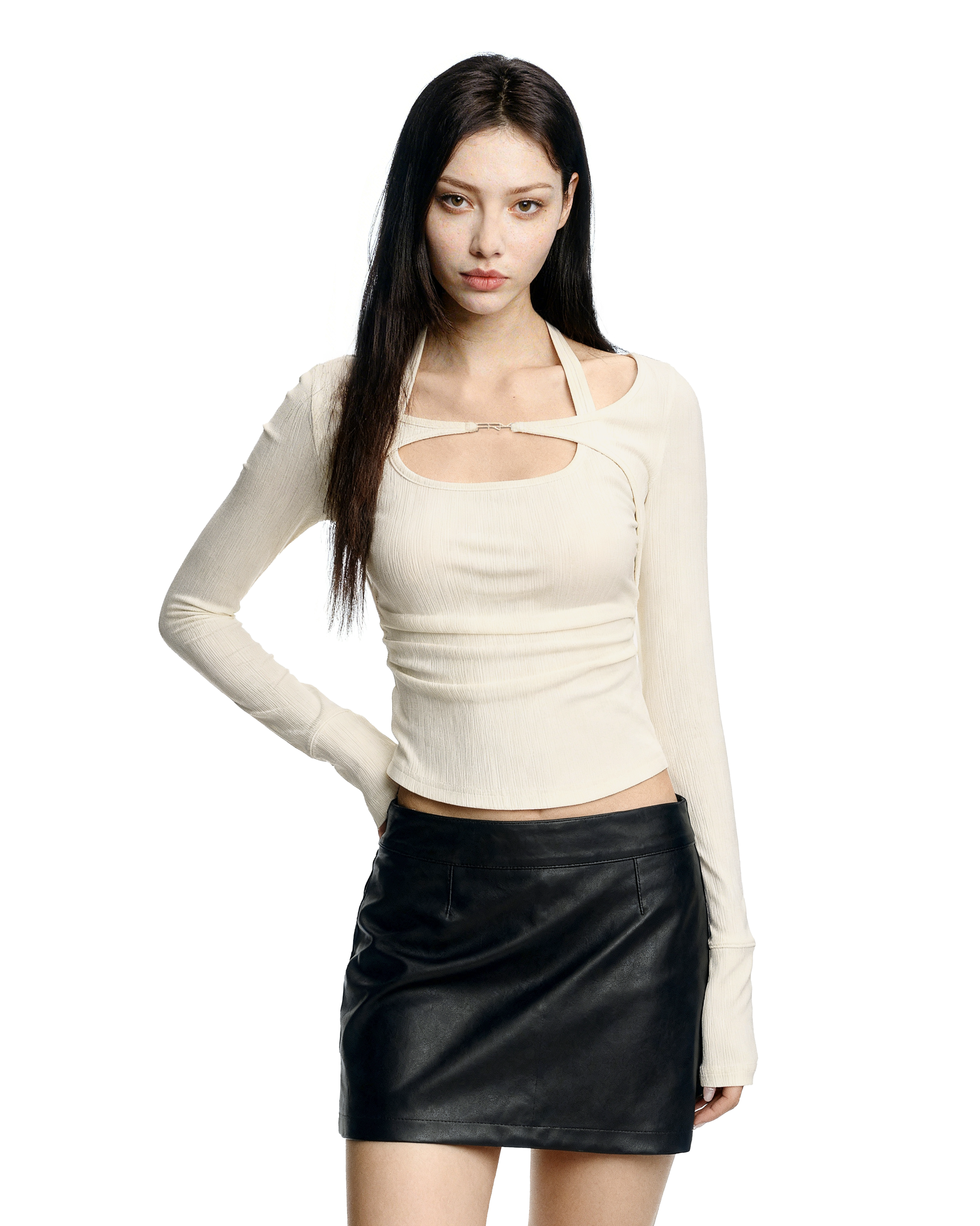 Halter Cutout-Layered Ribbed Long Sleeve Top - nightcity clothing