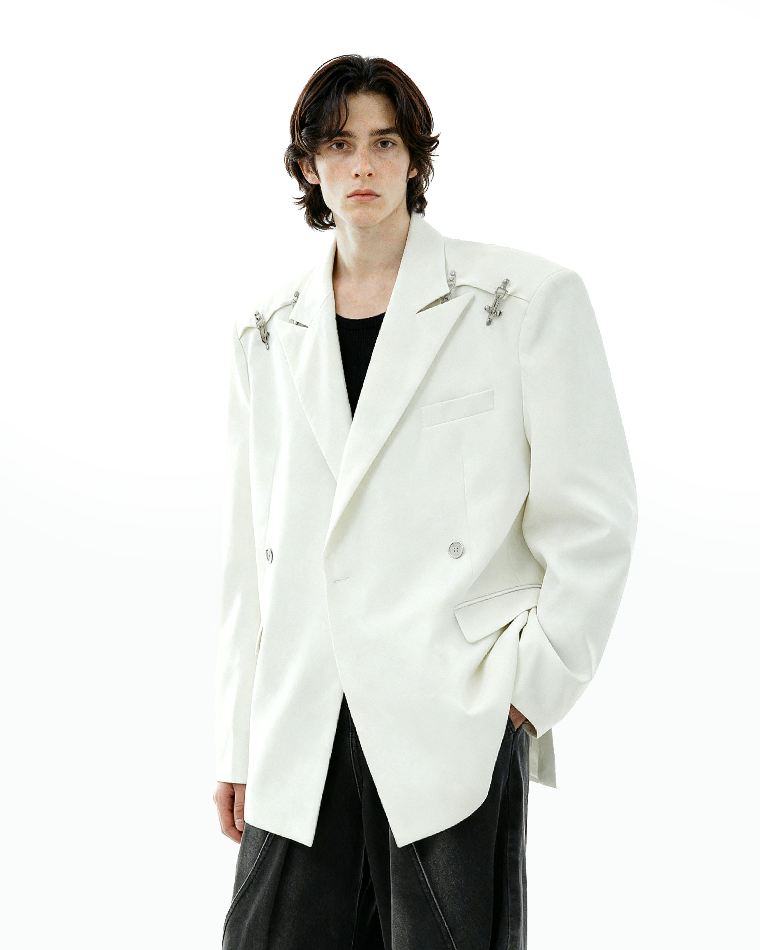 Oversized Double-Breasted Blazer with Peak Lapels and Silver Accents-9