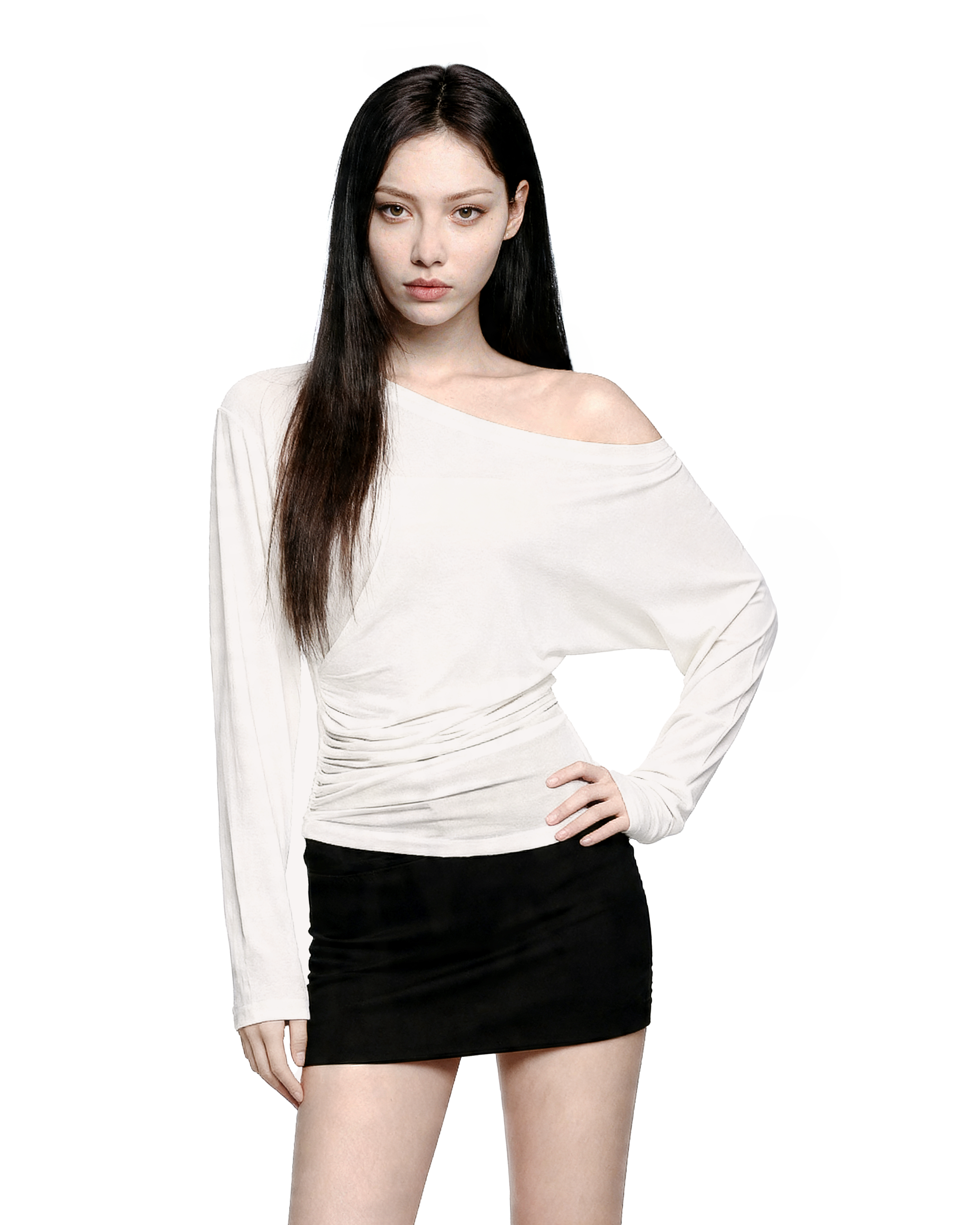 Asymmetric Off Shoulder Ruched Long Sleeve Top-2