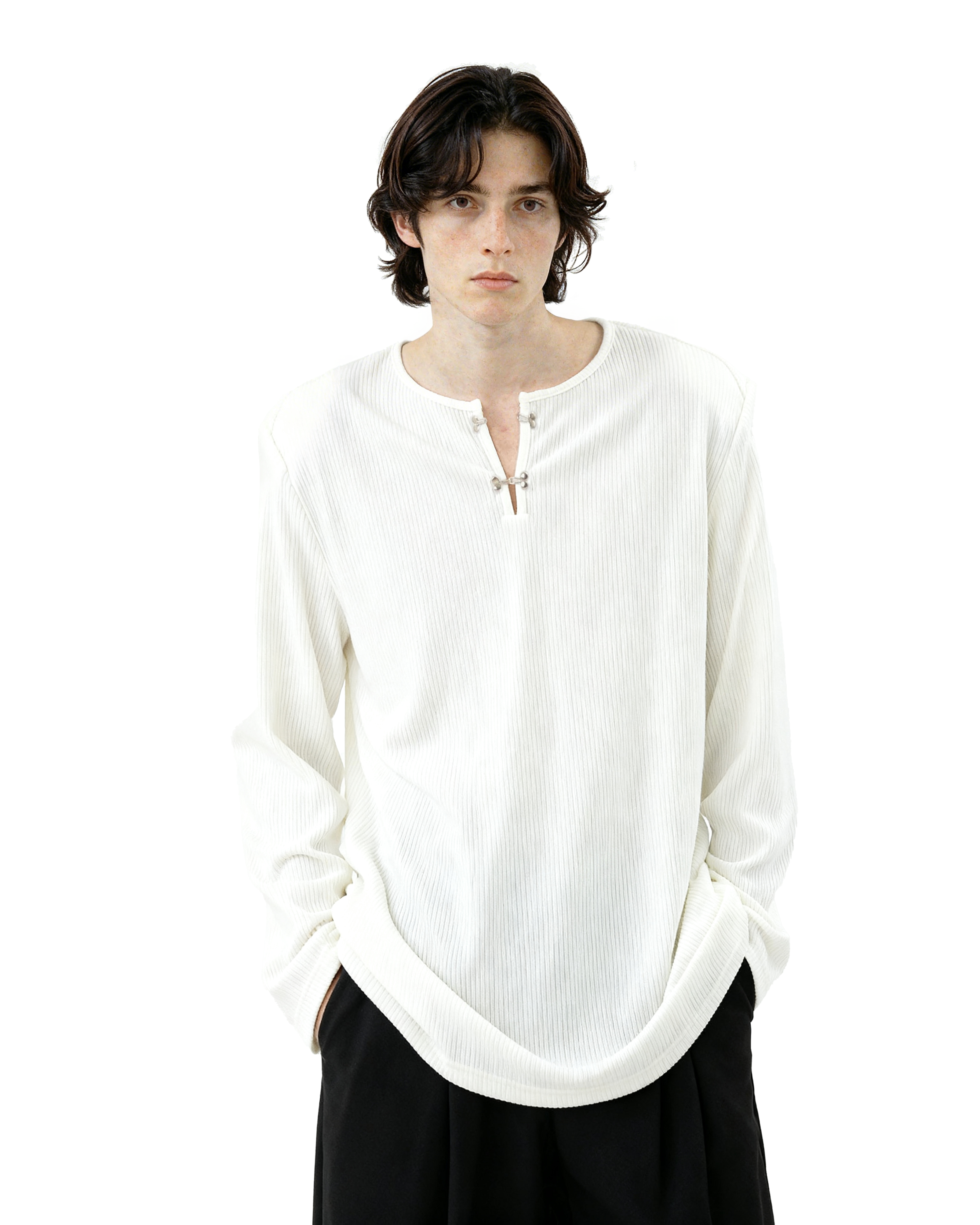 Ribbed Metal-Clasp Hook Henley Long Sleeve Tee - nightcity clothing