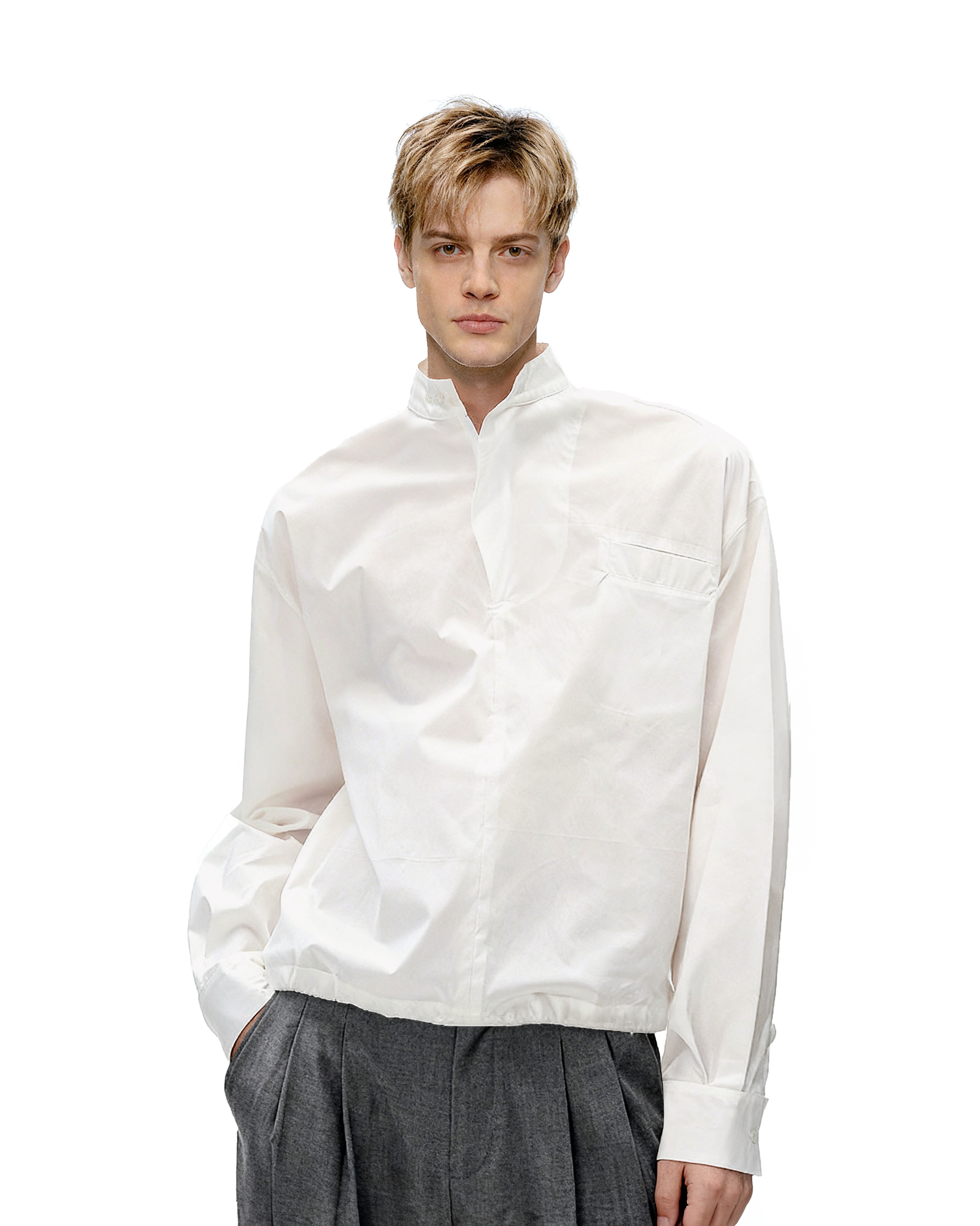 Mandarin Collar Long Sleeve Popover Quarter-Zip Shirt-3