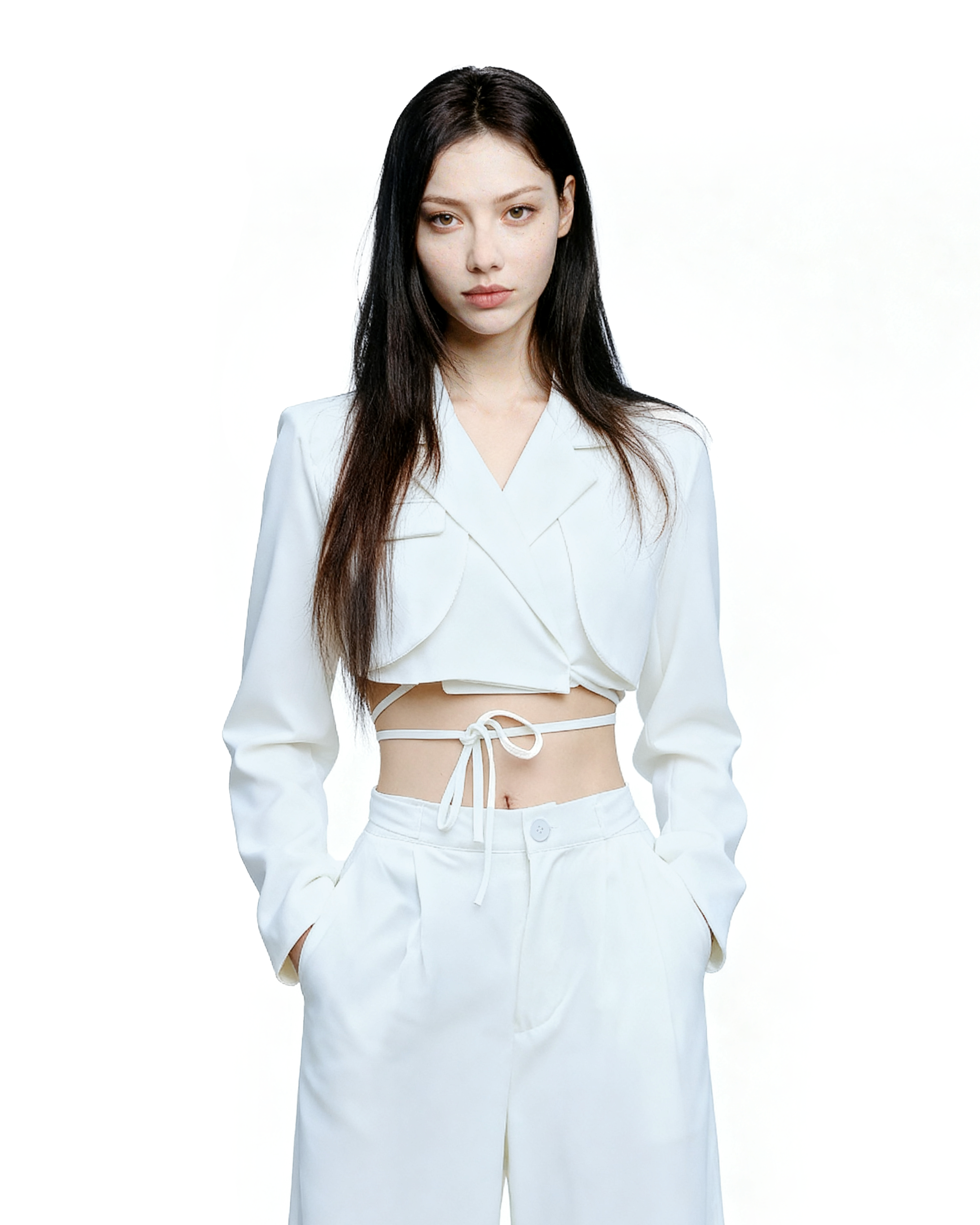 Slim Cropped Blazer with Rounded Hem Two-Piece Suit Set-14